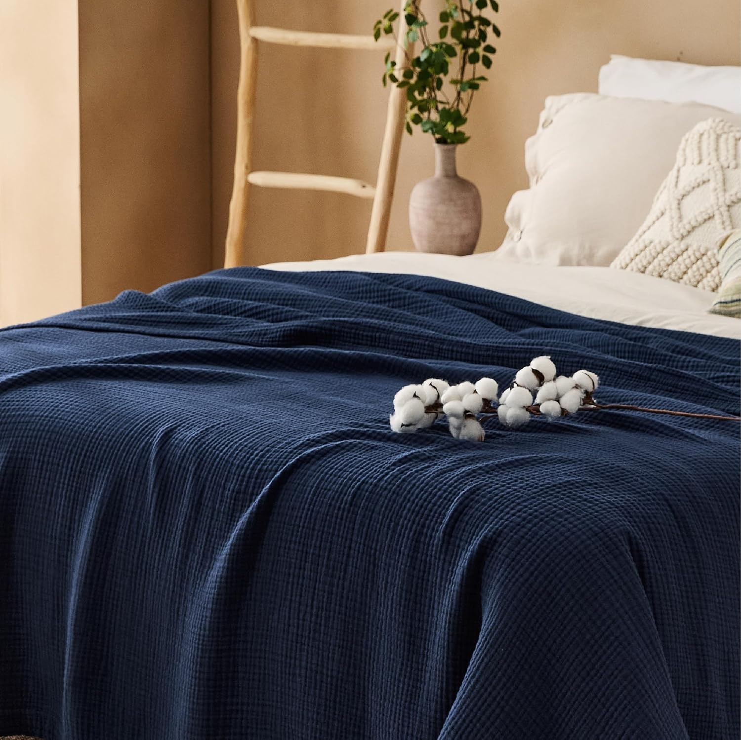image:imageBedsure 100 Cotton Muslin Blanket Twin XL for Bed 4Layer Breathable and Lightweight Soft Gauze Muslin Blankets for Adults PureWoven Thin Summer Blanket for College Dorm Linen Beige 66x90 Inches08 Navy Blue