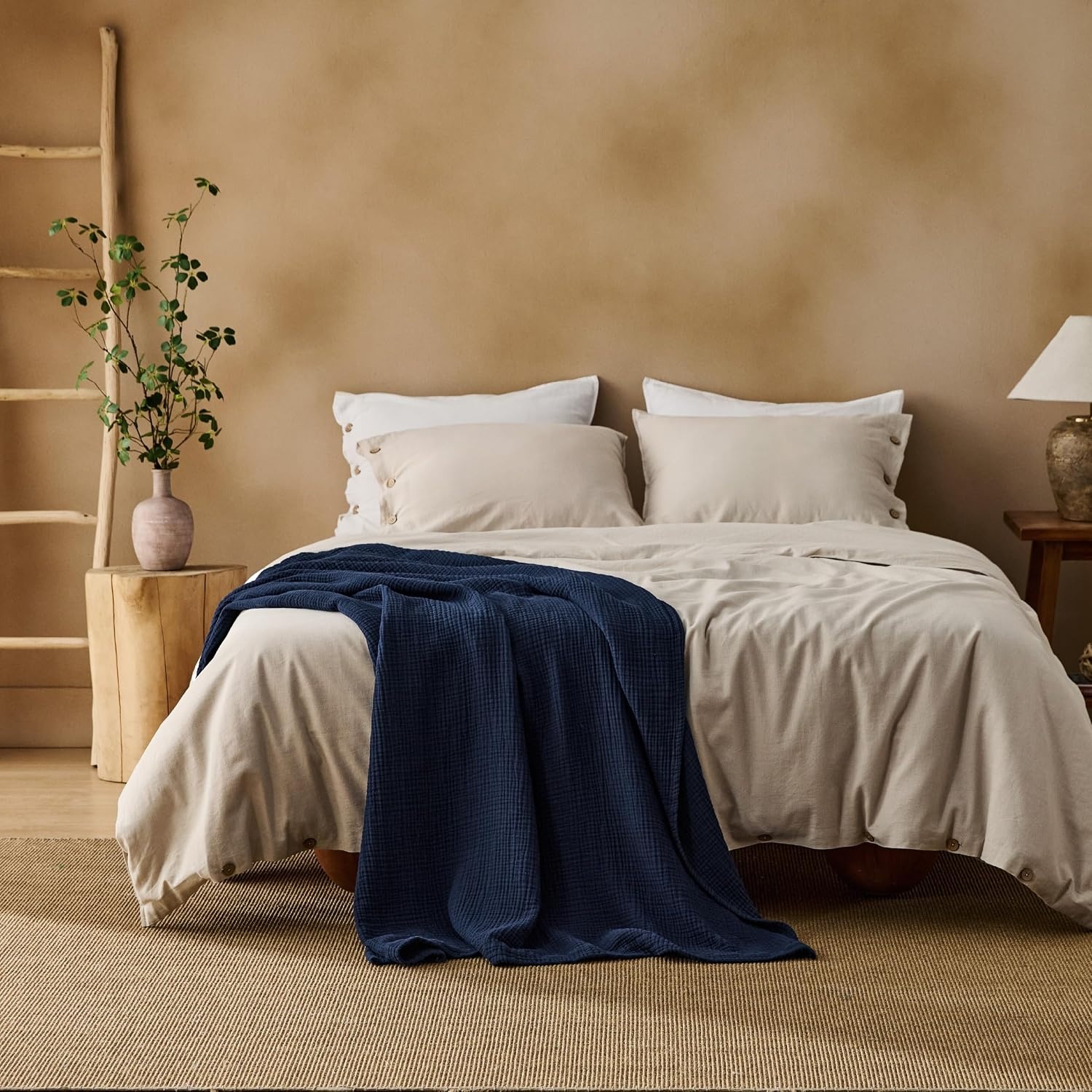 image:imageBedsure 100 Cotton Muslin Blanket Twin XL for Bed 4Layer Breathable and Lightweight Soft Gauze Muslin Blankets for Adults PureWoven Thin Summer Blanket for College Dorm Linen Beige 66x90 Inches08 Navy Blue