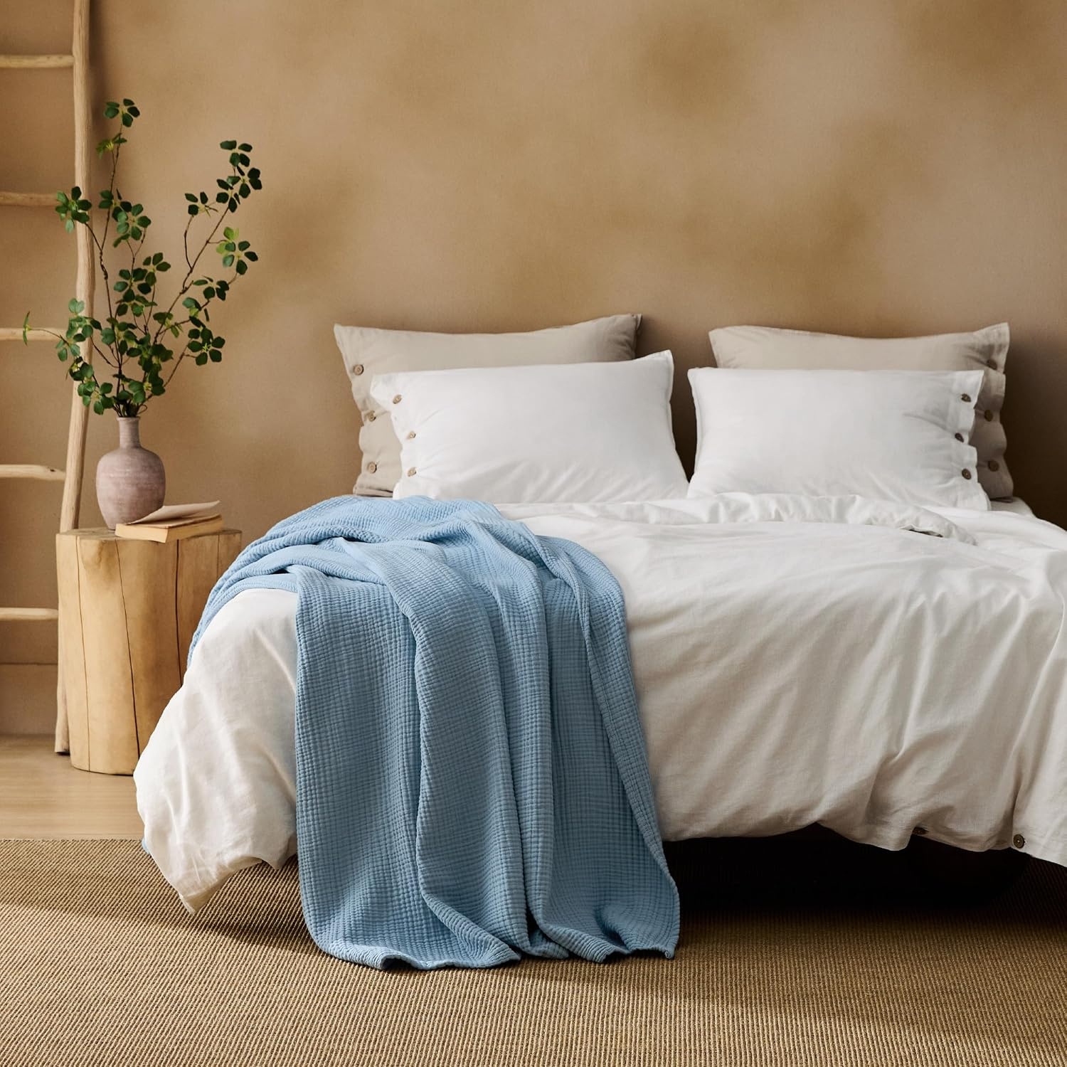image:imageBedsure 100 Cotton Muslin Blanket Twin XL for Bed 4Layer Breathable and Lightweight Soft Gauze Muslin Blankets for Adults PureWoven Thin Summer Blanket for College Dorm Linen Beige 66x90 Inches07 Blue