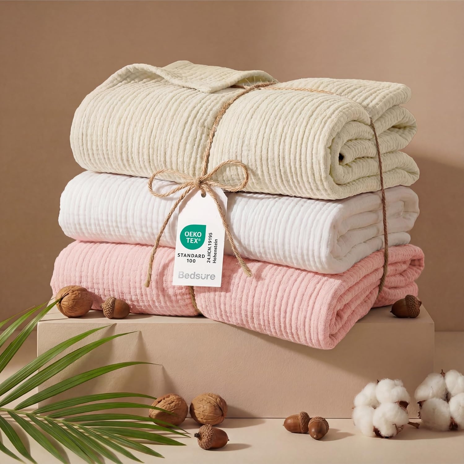 image:imageBedsure 100 Cotton Muslin Blanket Twin XL for Bed 4Layer Breathable and Lightweight Soft Gauze Muslin Blankets for Adults PureWoven Thin Summer Blanket for College Dorm Linen Beige 66x90 Inches05 Pink