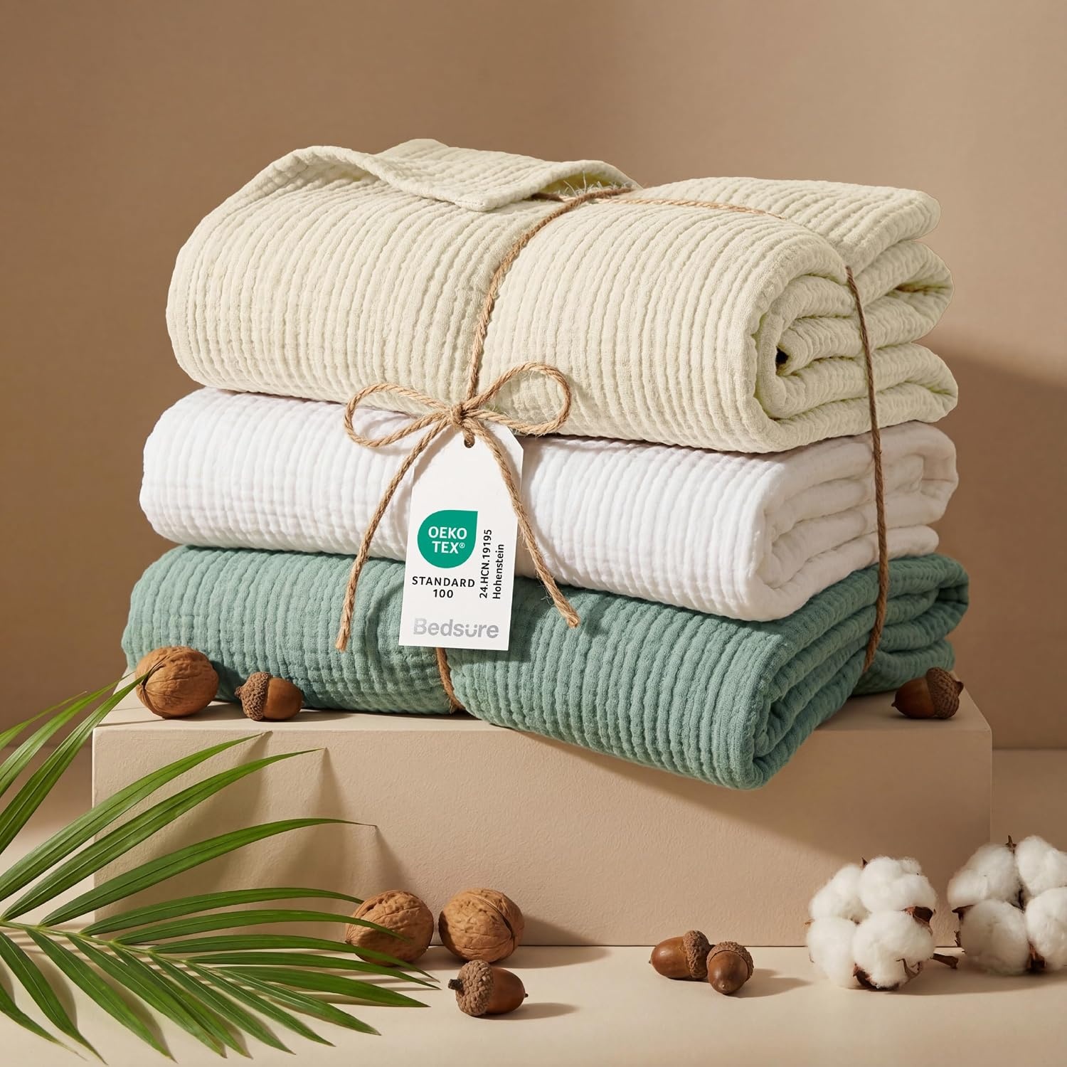 image:imageBedsure 100 Cotton Muslin Blanket Twin XL for Bed 4Layer Breathable and Lightweight Soft Gauze Muslin Blankets for Adults PureWoven Thin Summer Blanket for College Dorm Linen Beige 66x90 Inches03 Sage Green