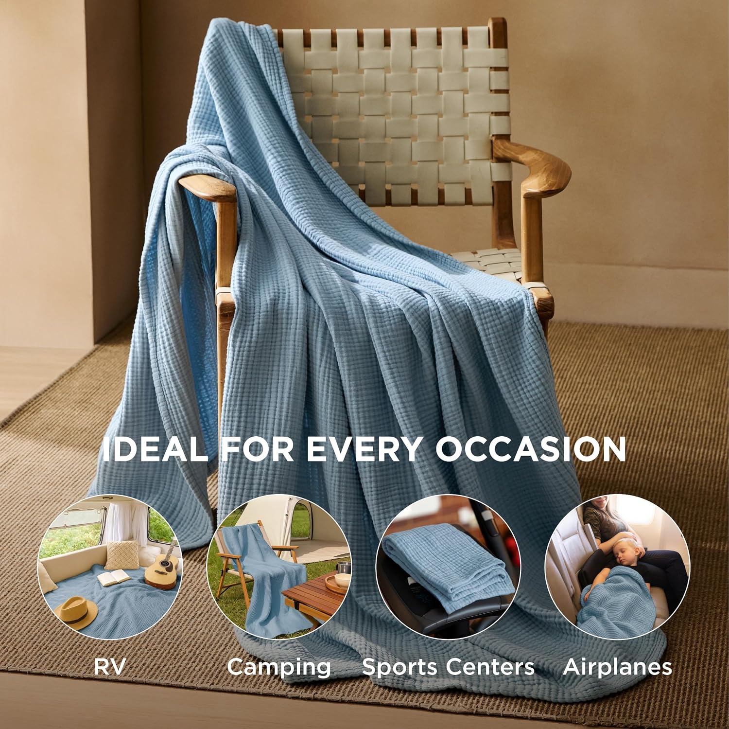 image:imageBedsure 100 Cotton Muslin Blanket Twin XL for Bed 4Layer Breathable and Lightweight Soft Gauze Muslin Blankets for Adults PureWoven Thin Summer Blanket for College Dorm Linen Beige 66x90 Inches07 Blue