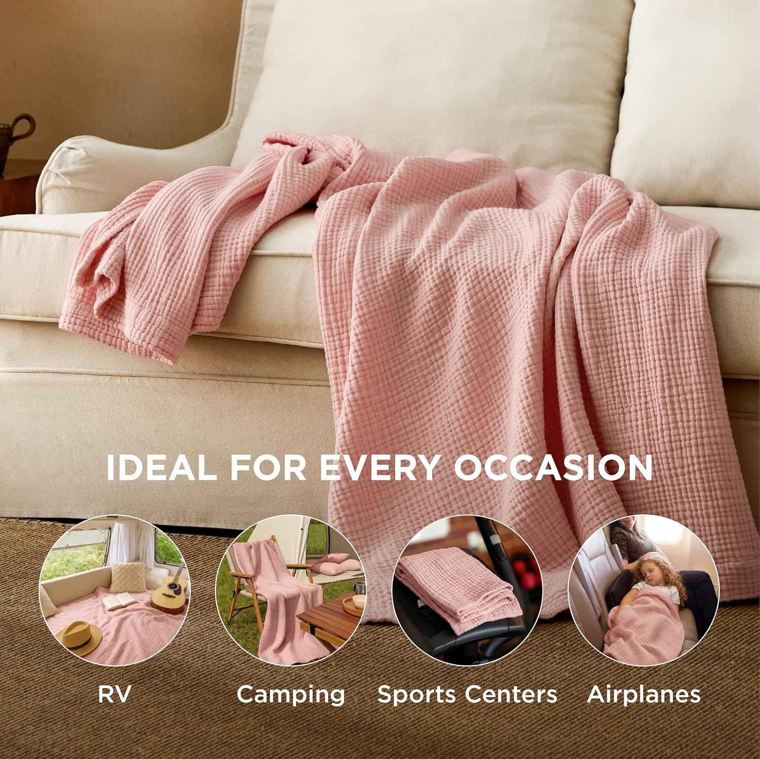 image:imageBedsure 100 Cotton Muslin Blanket Twin XL for Bed 4Layer Breathable and Lightweight Soft Gauze Muslin Blankets for Adults PureWoven Thin Summer Blanket for College Dorm Linen Beige 66x90 Inches05 Pink