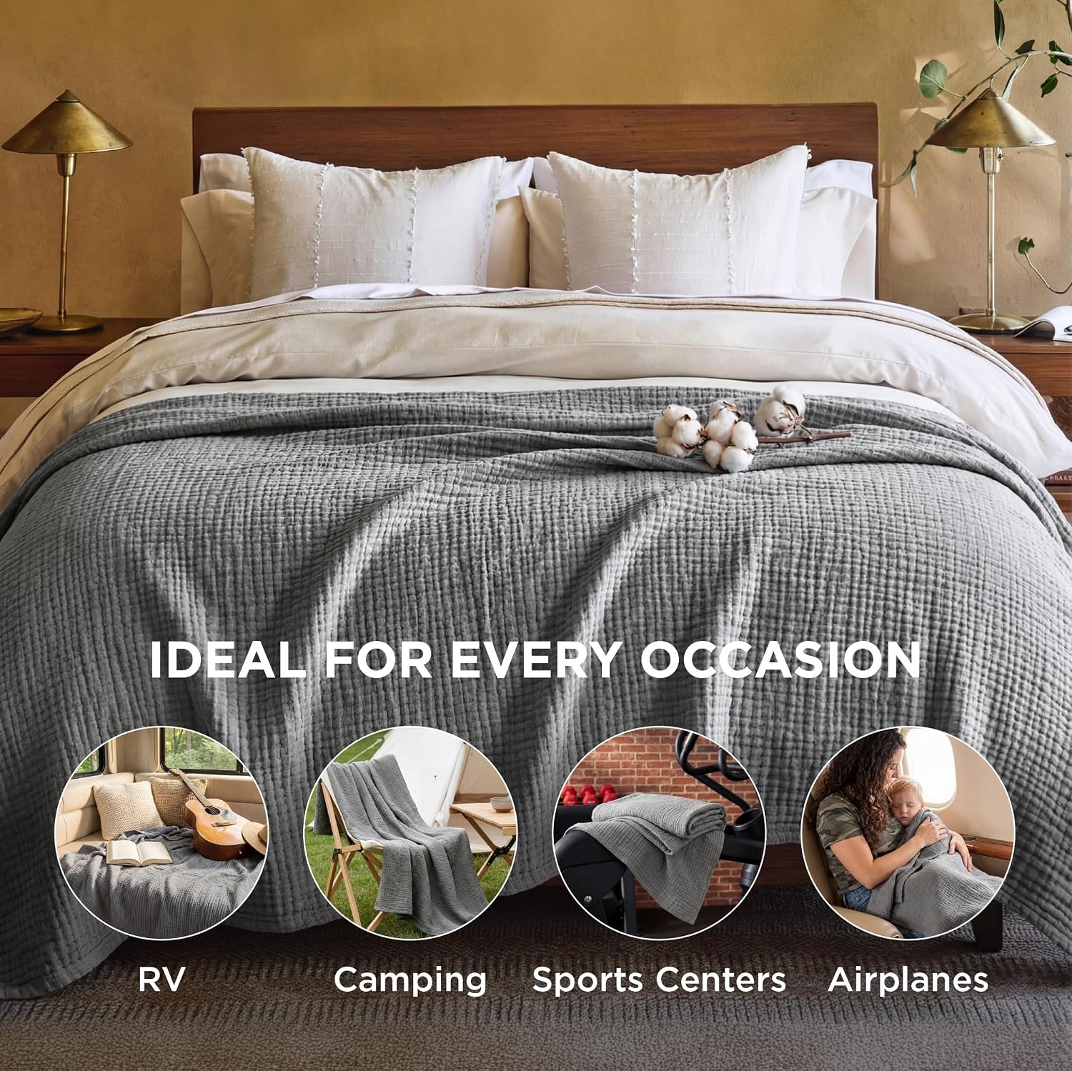 image:imageBedsure 100 Cotton Muslin Blanket Twin XL for Bed 4Layer Breathable and Lightweight Soft Gauze Muslin Blankets for Adults PureWoven Thin Summer Blanket for College Dorm Linen Beige 66x90 Inches02 Grey