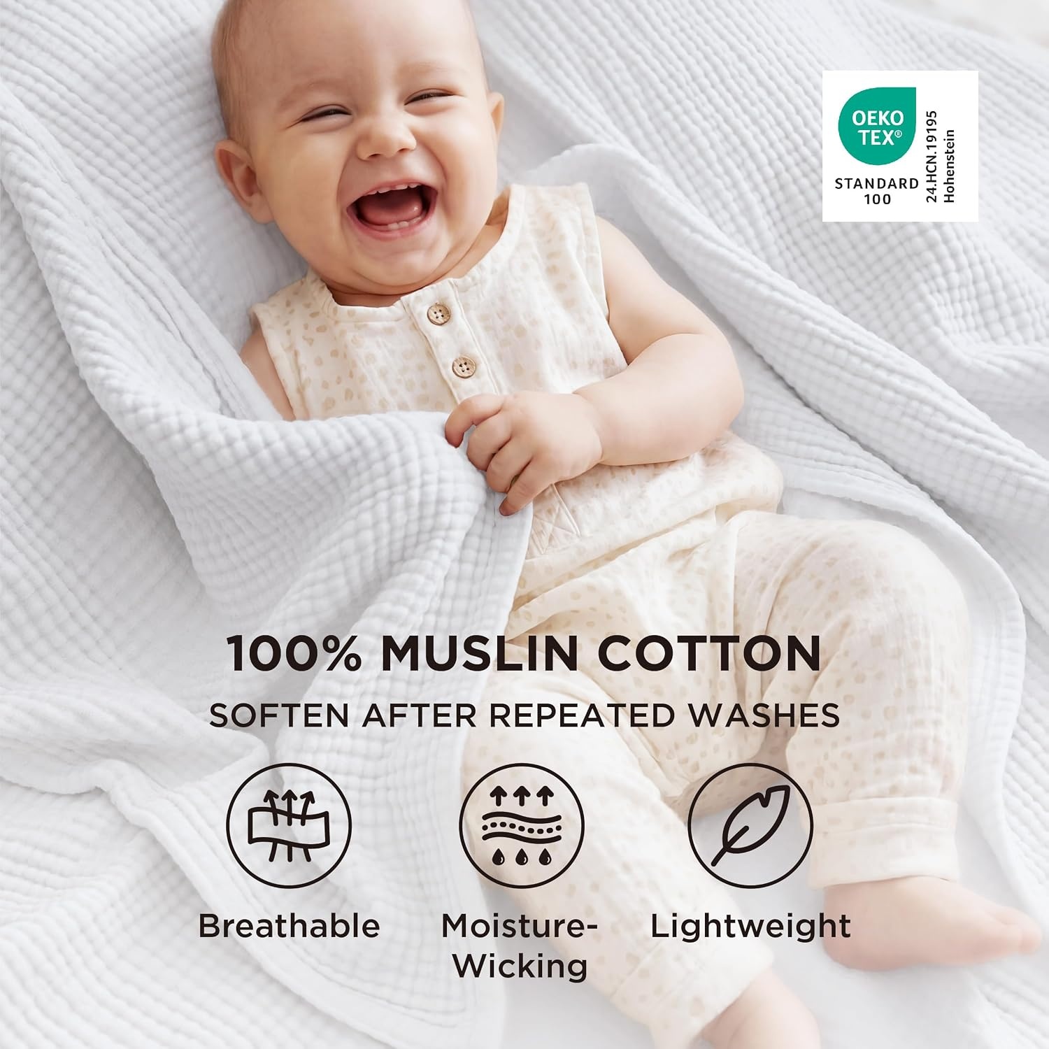 image:imageBedsure 100 Cotton Muslin Blanket Twin XL for Bed 4Layer Breathable and Lightweight Soft Gauze Muslin Blankets for Adults PureWoven Thin Summer Blanket for College Dorm Linen Beige 66x90 Inches04 White