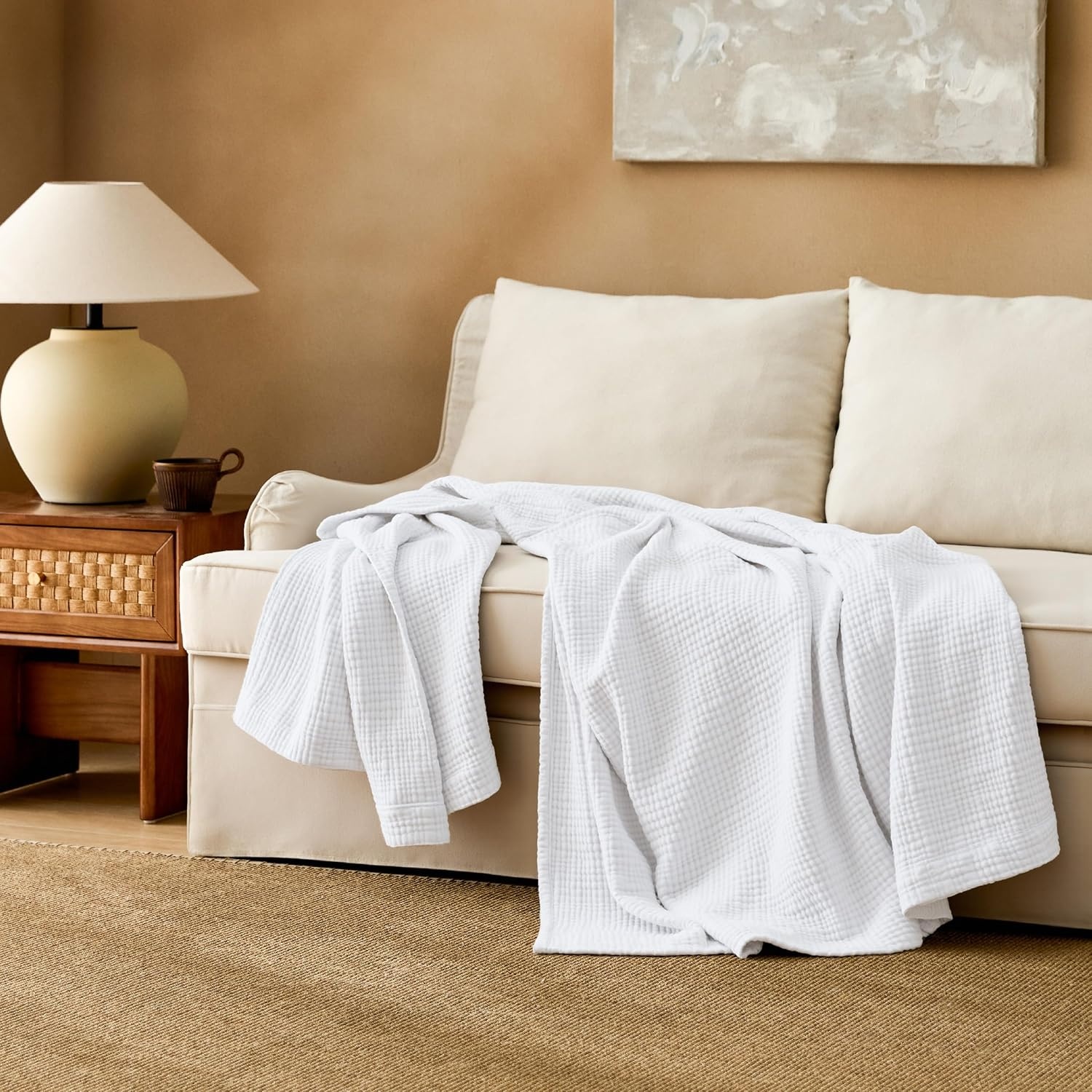 image:imageBedsure 100 Cotton Muslin Blanket Twin XL for Bed 4Layer Breathable and Lightweight Soft Gauze Muslin Blankets for Adults PureWoven Thin Summer Blanket for College Dorm Linen Beige 66x90 Inches04 White
