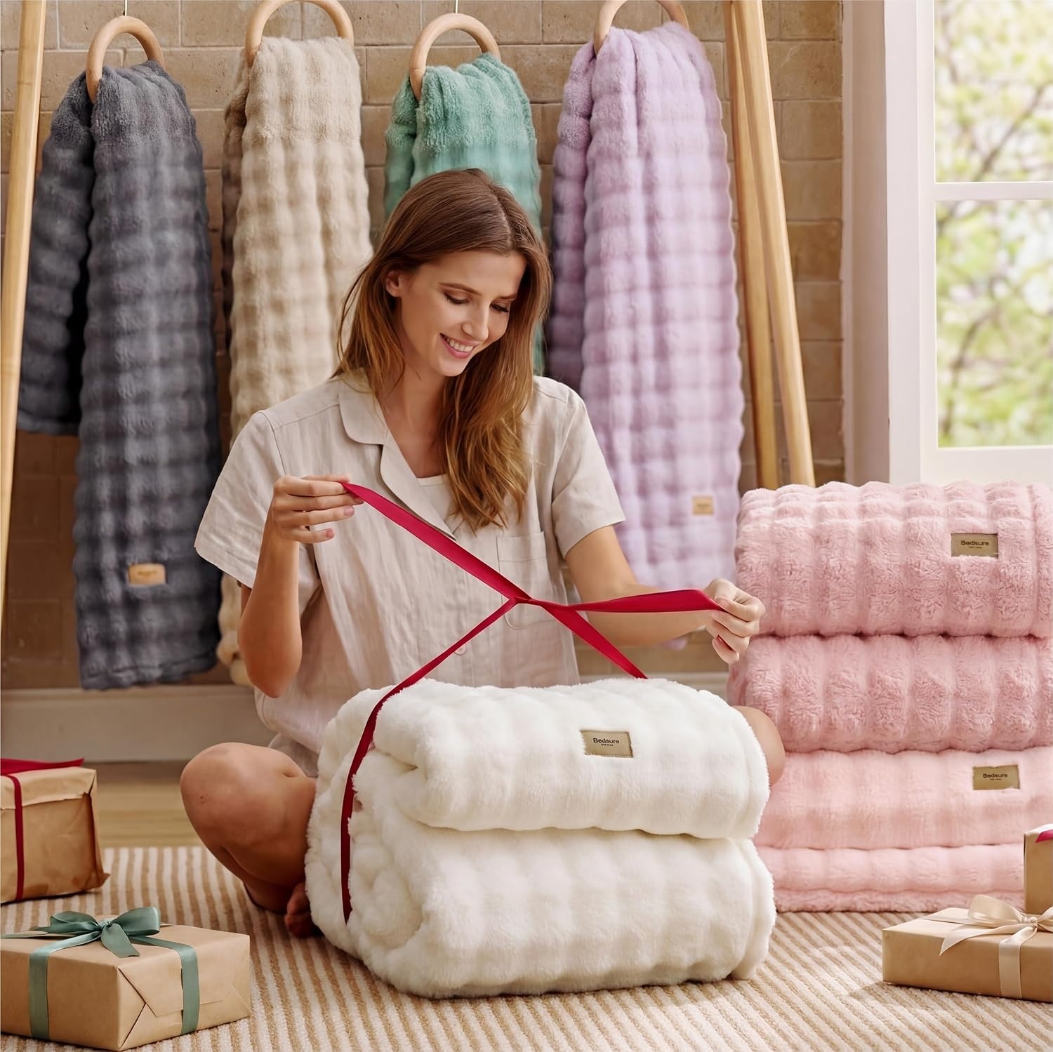 image:imageBedsure 3D Fleece Bubble Blankets for Couch Cute Pink Throw Blanket for Sofa Bedroom Decor Luxury Soft Cozy Pink Birthday Gifts for Women Girls Lightweight Light Pink 5060Pink