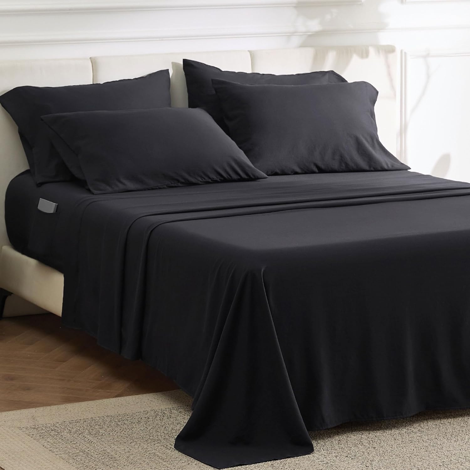 image:imageBedsure Deep Pocket Queen Sheets 6 Piece Prewashed UltraSoft 18inch Extra Deep Pocket Breathable Secure Fit Hotel Luxury Bedding Dual Side Pockets Fade Resistant For Air MattressBlack