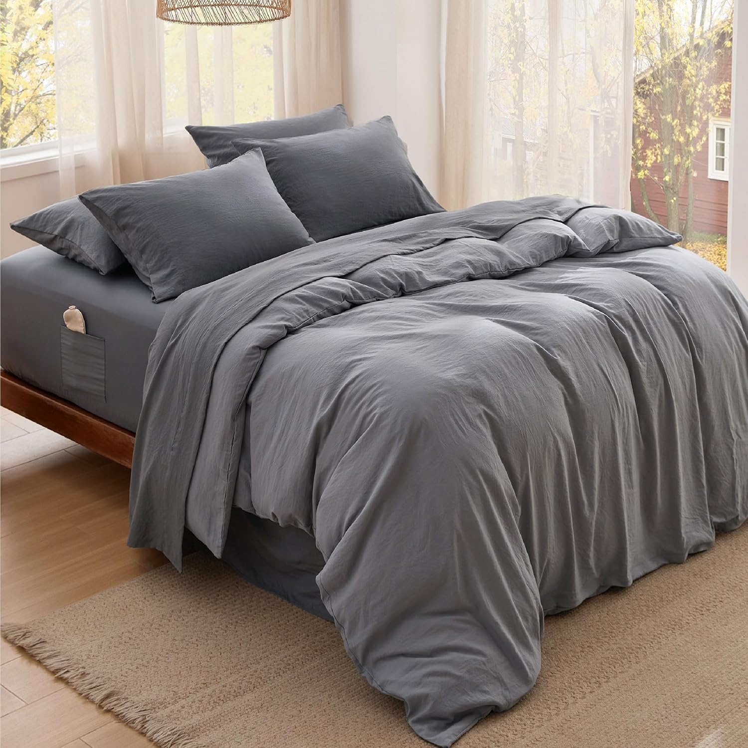 image:imageBedsure Deep Pocket Queen Sheets 6 Piece Prewashed UltraSoft 18inch Extra Deep Pocket Breathable Secure Fit Hotel Luxury Bedding Dual Side Pockets Fade Resistant For Air MattressGrey