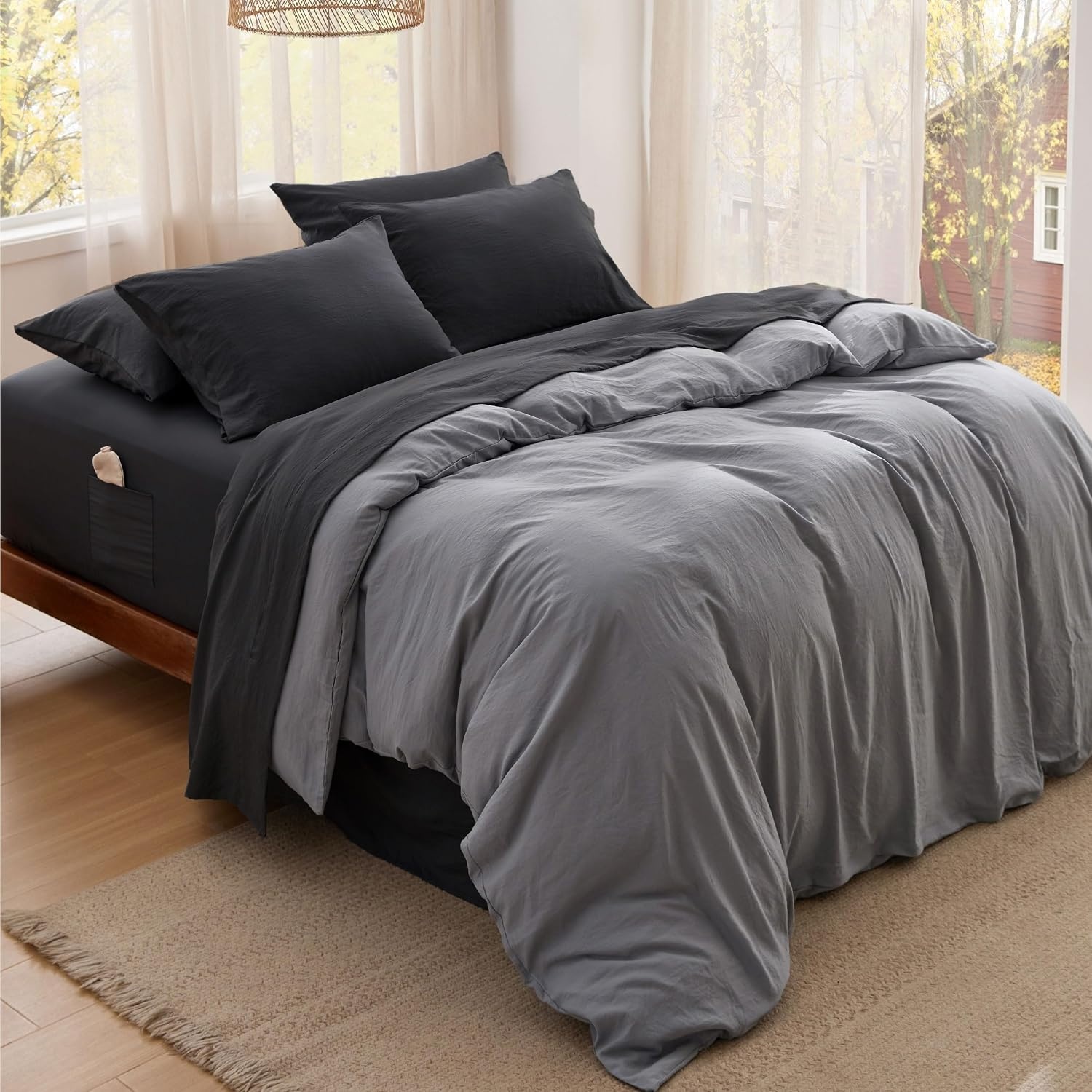 image:imageBedsure Deep Pocket Queen Sheets 6 Piece Prewashed UltraSoft 18inch Extra Deep Pocket Breathable Secure Fit Hotel Luxury Bedding Dual Side Pockets Fade Resistant For Air MattressBlack