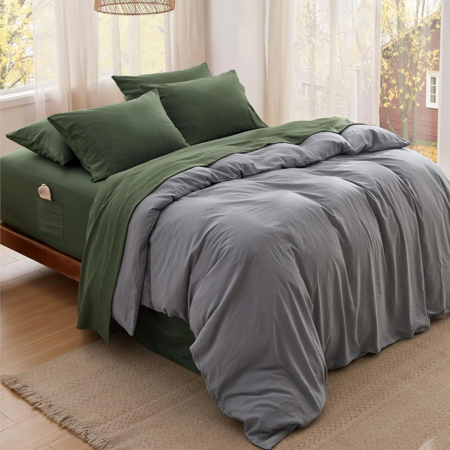 image:imageBedsure Deep Pocket Queen Sheets 6 Piece Prewashed UltraSoft 18inch Extra Deep Pocket Breathable Secure Fit Hotel Luxury Bedding Dual Side Pockets Fade Resistant For Air MattressOlive Green