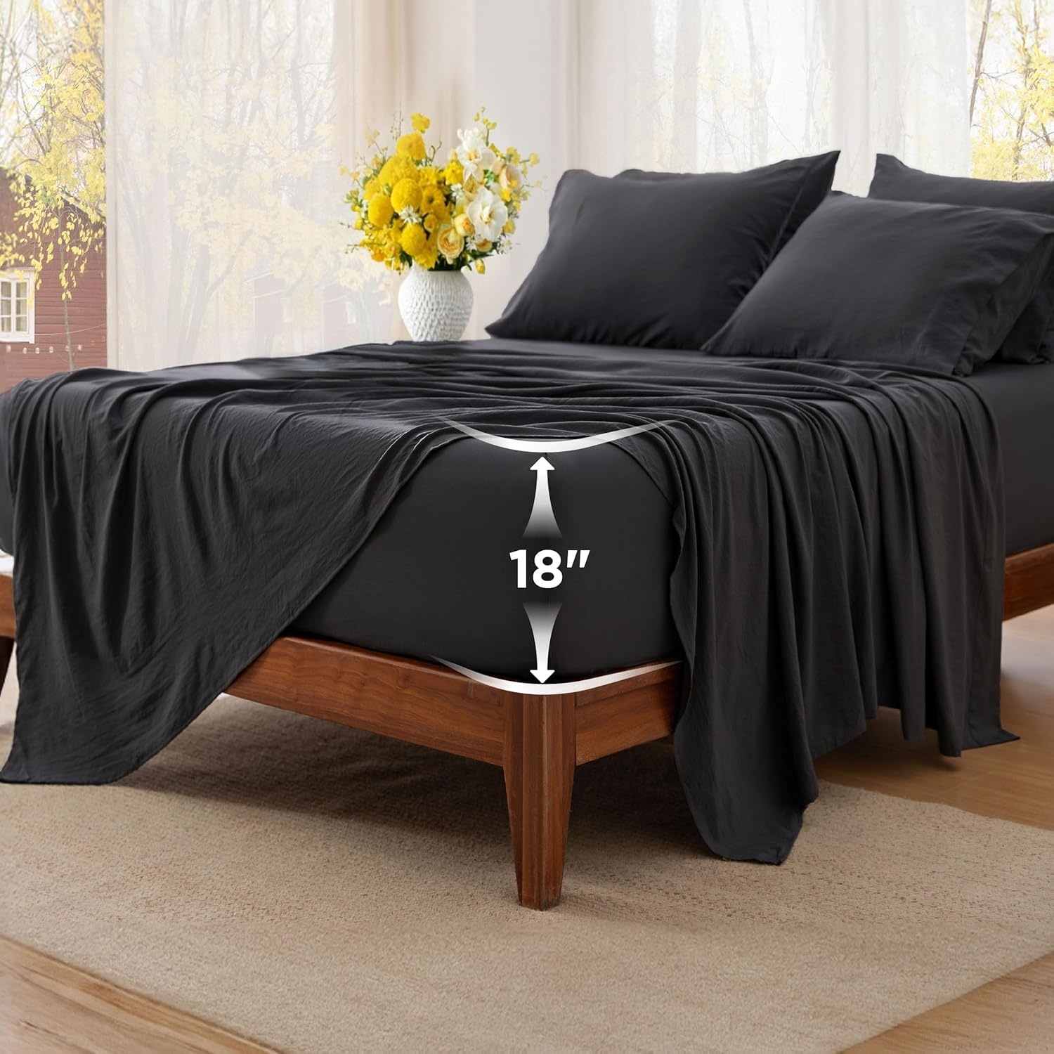 image:imageBedsure Deep Pocket Queen Sheets 6 Piece Prewashed UltraSoft 18inch Extra Deep Pocket Breathable Secure Fit Hotel Luxury Bedding Dual Side Pockets Fade Resistant For Air MattressBlack