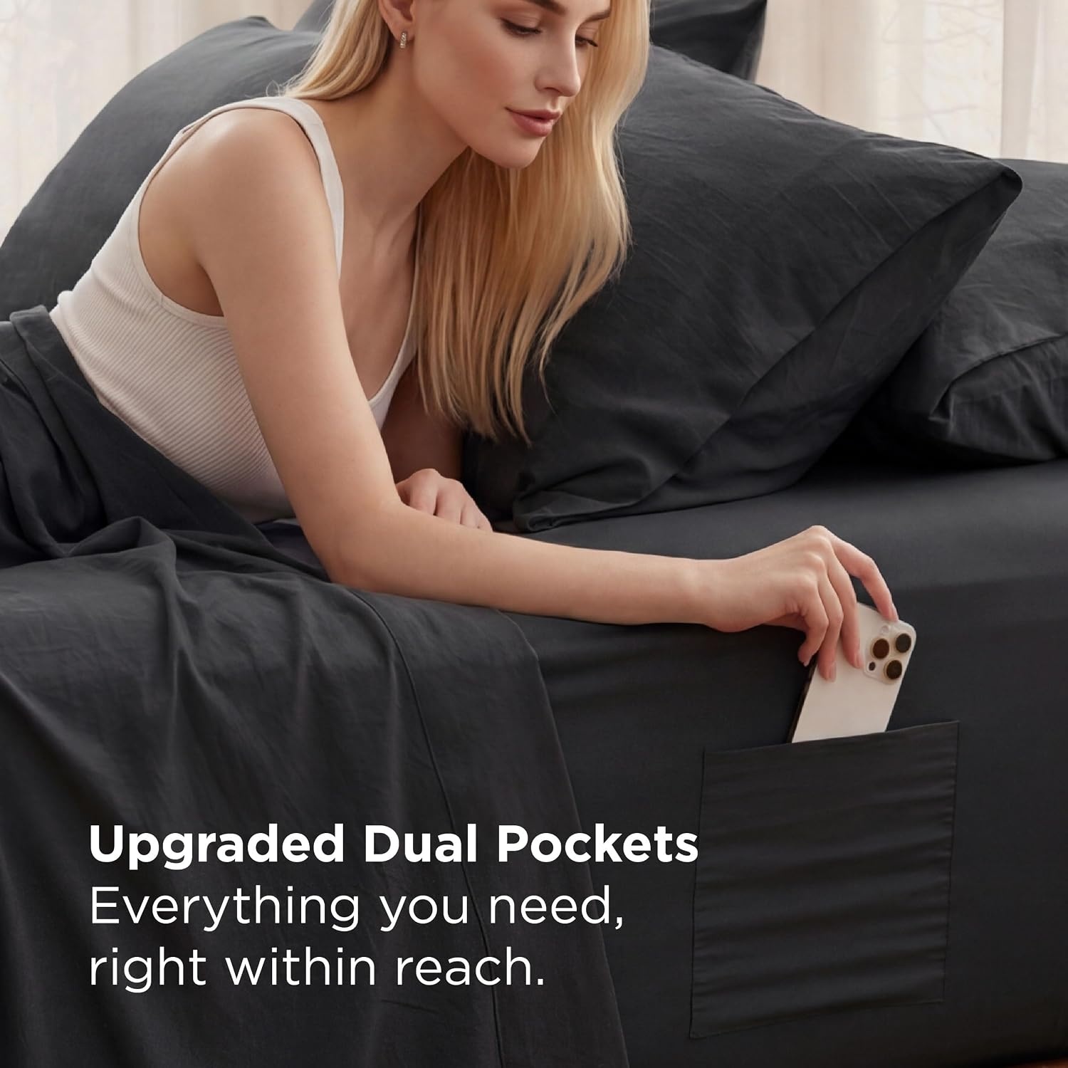image:imageBedsure Deep Pocket Queen Sheets 6 Piece Prewashed UltraSoft 18inch Extra Deep Pocket Breathable Secure Fit Hotel Luxury Bedding Dual Side Pockets Fade Resistant For Air MattressBlack