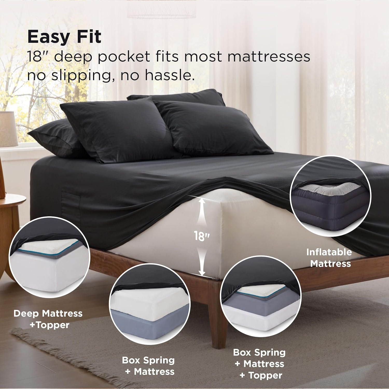 image:imageBedsure Deep Pocket Queen Sheets 6 Piece Prewashed UltraSoft 18inch Extra Deep Pocket Breathable Secure Fit Hotel Luxury Bedding Dual Side Pockets Fade Resistant For Air MattressBlack
