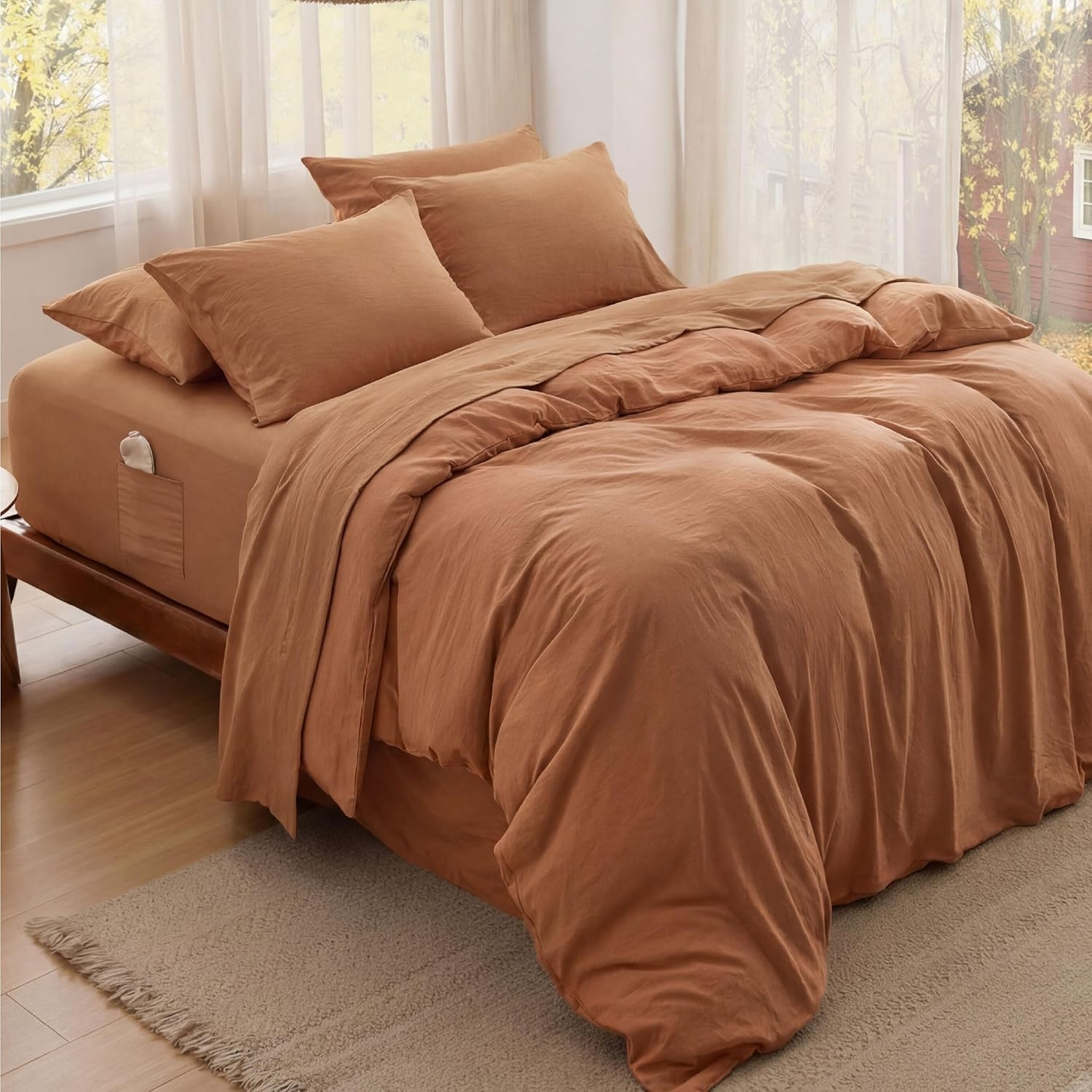 image:imageBedsure Deep Pocket Queen Sheets 6 Piece Prewashed UltraSoft 18inch Extra Deep Pocket Breathable Secure Fit Hotel Luxury Bedding Dual Side Pockets Fade Resistant For Air MattressOrange