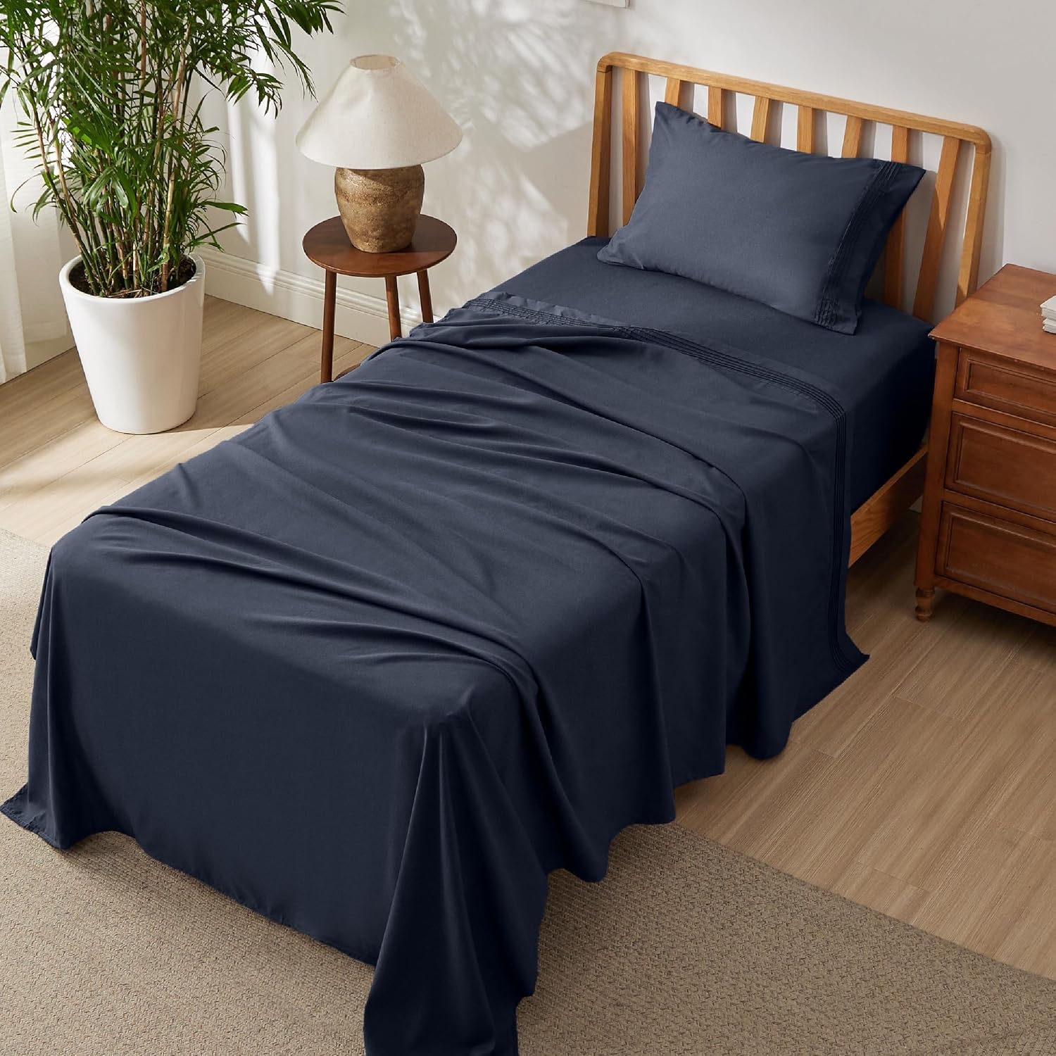 image:imageBedsure Deep Pocket Queen Sheets Set Fits Mattresses Up to 21 Inches Thick 4 Piece GentleSoft Bed Sheets Moisture Wicking Soft amp Cooling Bedsheet amp Pillowcases Easy amp Secure Fit Linen09 Navy