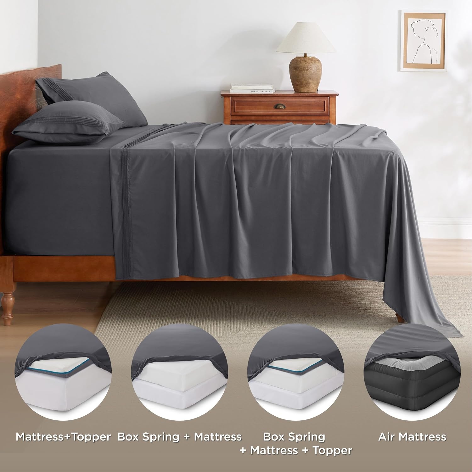 image:imageBedsure Deep Pocket Queen Sheets Set Fits Mattresses Up to 21 Inches Thick 4 Piece GentleSoft Bed Sheets Moisture Wicking Soft amp Cooling Bedsheet amp Pillowcases Easy amp Secure Fit Linen03 Dark Grey