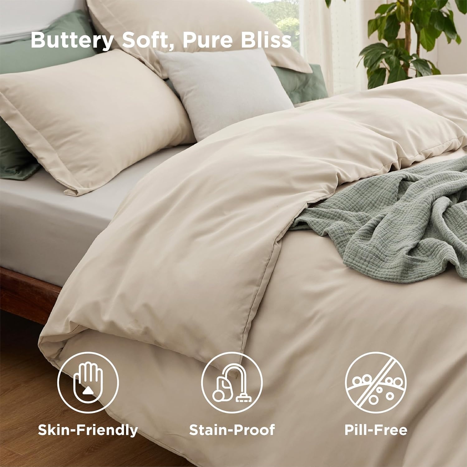 image:imageBedsure Duvet Cover TwinTwin XL Size Soft Double Brushed Bedding Set for Kids amp Adults Zipper Closure 2 Pieces Includes 1 Duvet Cover 68x90 amp 1 Pillow Sham NO Comforter White00 Beige