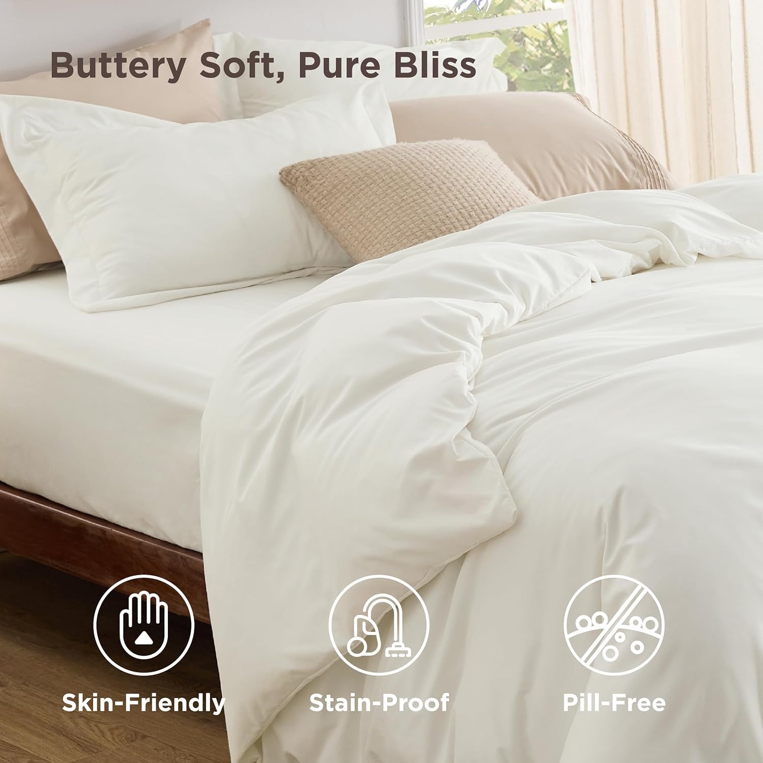 image:imageBedsure Duvet Cover TwinTwin XL Size Soft Double Brushed Bedding Set for Kids amp Adults Zipper Closure 2 Pieces Includes 1 Duvet Cover 68x90 amp 1 Pillow Sham NO Comforter White02 Cream White
