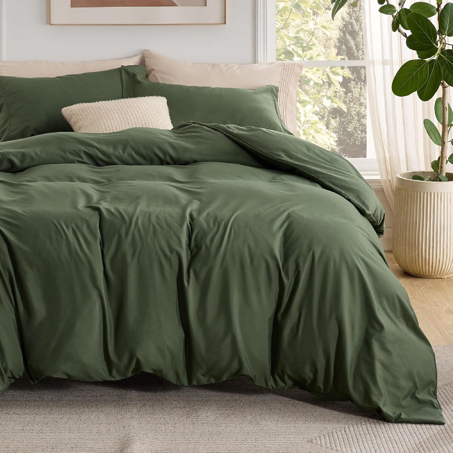 image:imageBedsure Duvet Cover TwinTwin XL Size Soft Double Brushed Bedding Set for Kids amp Adults Zipper Closure 2 Pieces Includes 1 Duvet Cover 68x90 amp 1 Pillow Sham NO Comforter White02 Olive Green