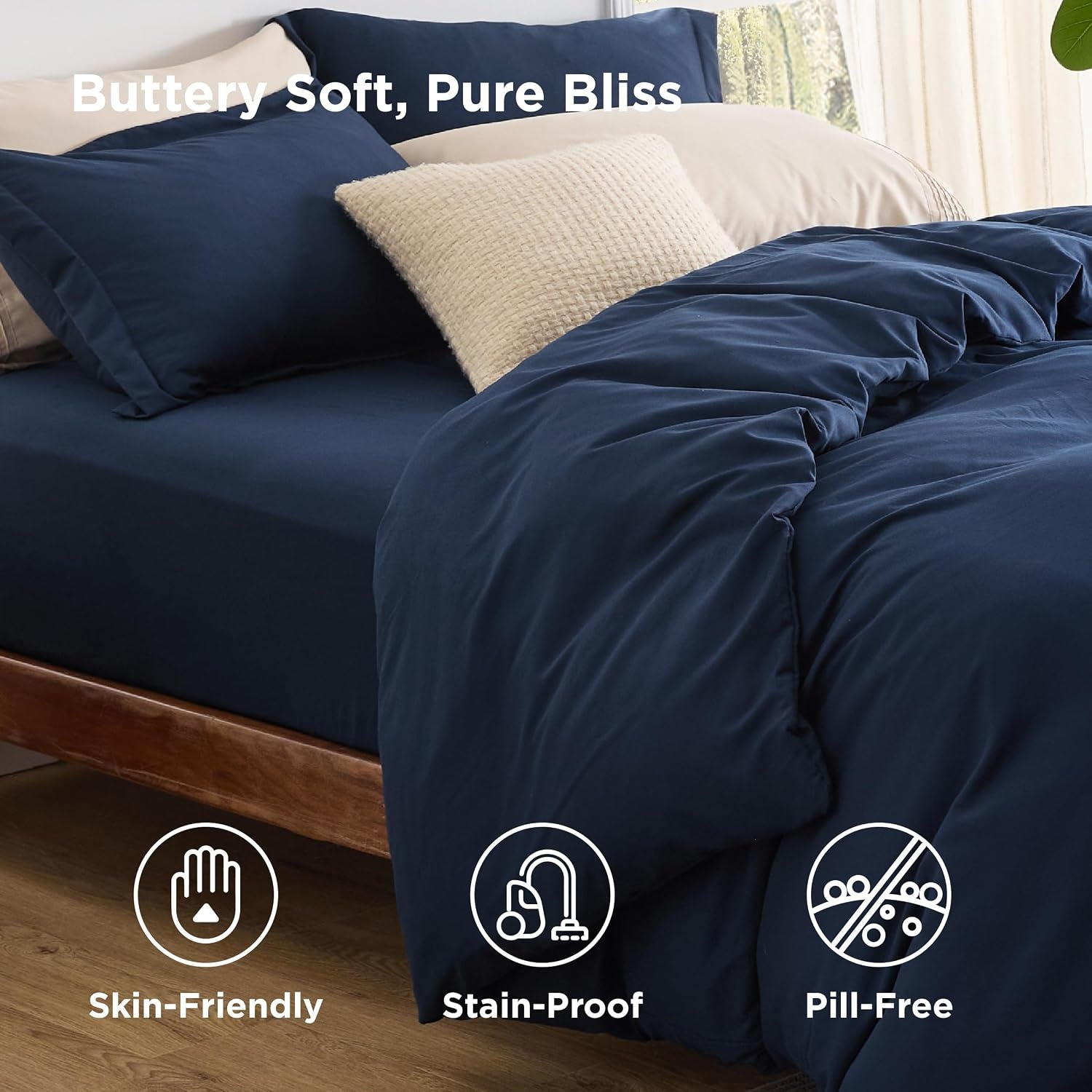 image:imageBedsure Duvet Cover TwinTwin XL Size Soft Double Brushed Bedding Set for Kids amp Adults Zipper Closure 2 Pieces Includes 1 Duvet Cover 68x90 amp 1 Pillow Sham NO Comforter White00 Navy Blue