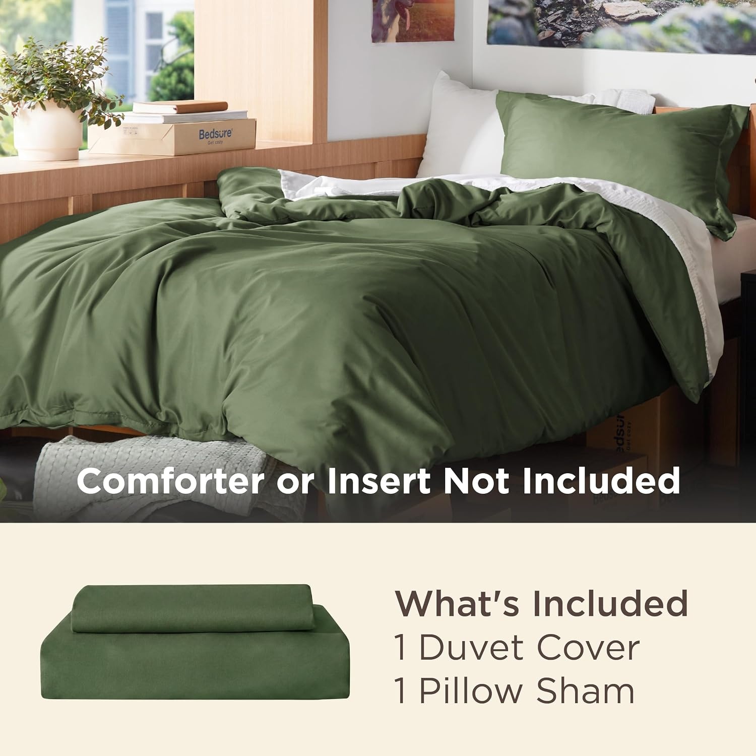 image:imageBedsure Duvet Cover TwinTwin XL Size Soft Double Brushed Bedding Set for Kids amp Adults Zipper Closure 2 Pieces Includes 1 Duvet Cover 68x90 amp 1 Pillow Sham NO Comforter White02 Olive Green