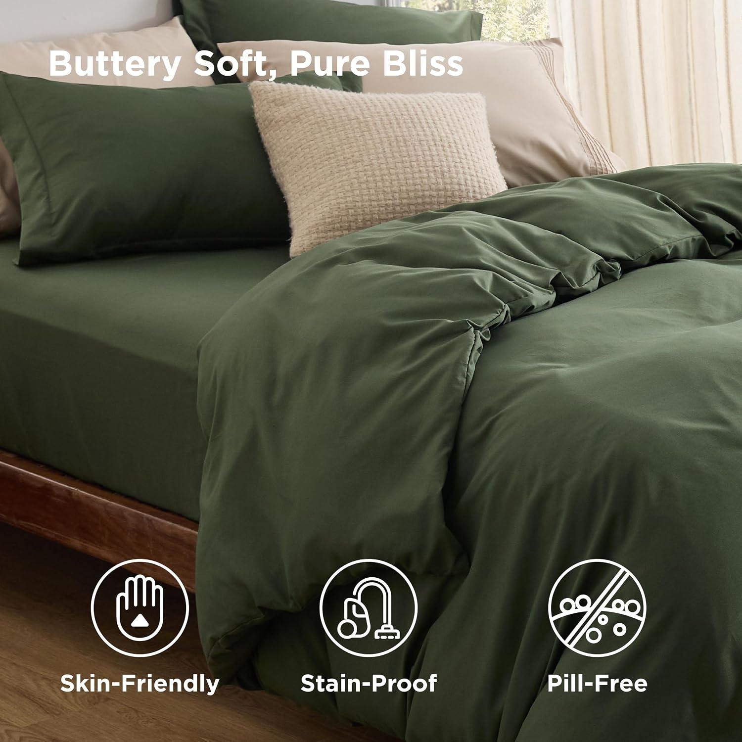 image:imageBedsure Duvet Cover TwinTwin XL Size Soft Double Brushed Bedding Set for Kids amp Adults Zipper Closure 2 Pieces Includes 1 Duvet Cover 68x90 amp 1 Pillow Sham NO Comforter White02 Olive Green