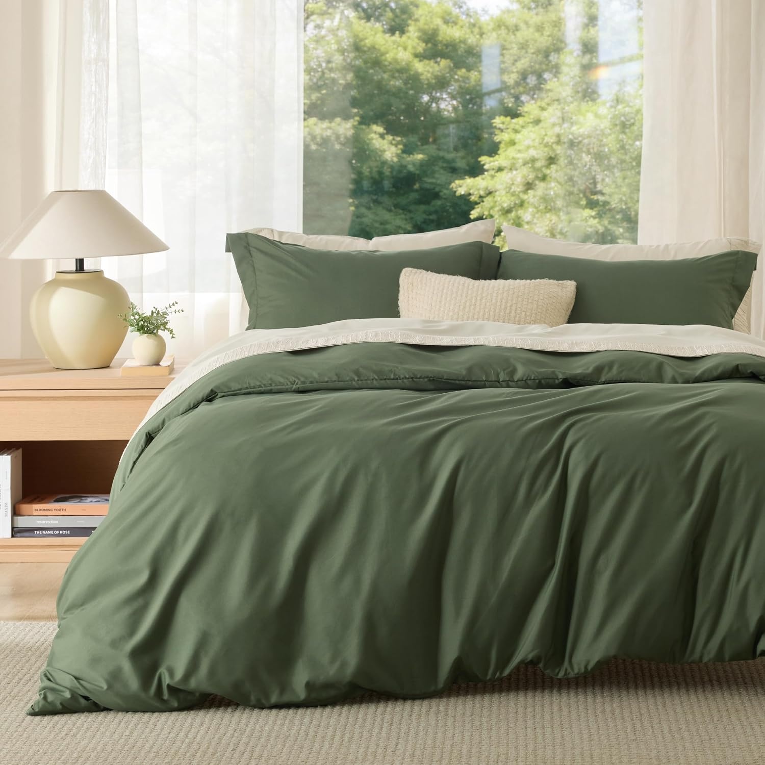 image:imageBedsure Duvet Cover TwinTwin XL Size Soft Double Brushed Bedding Set for Kids amp Adults Zipper Closure 2 Pieces Includes 1 Duvet Cover 68x90 amp 1 Pillow Sham NO Comforter White02 Olive Green