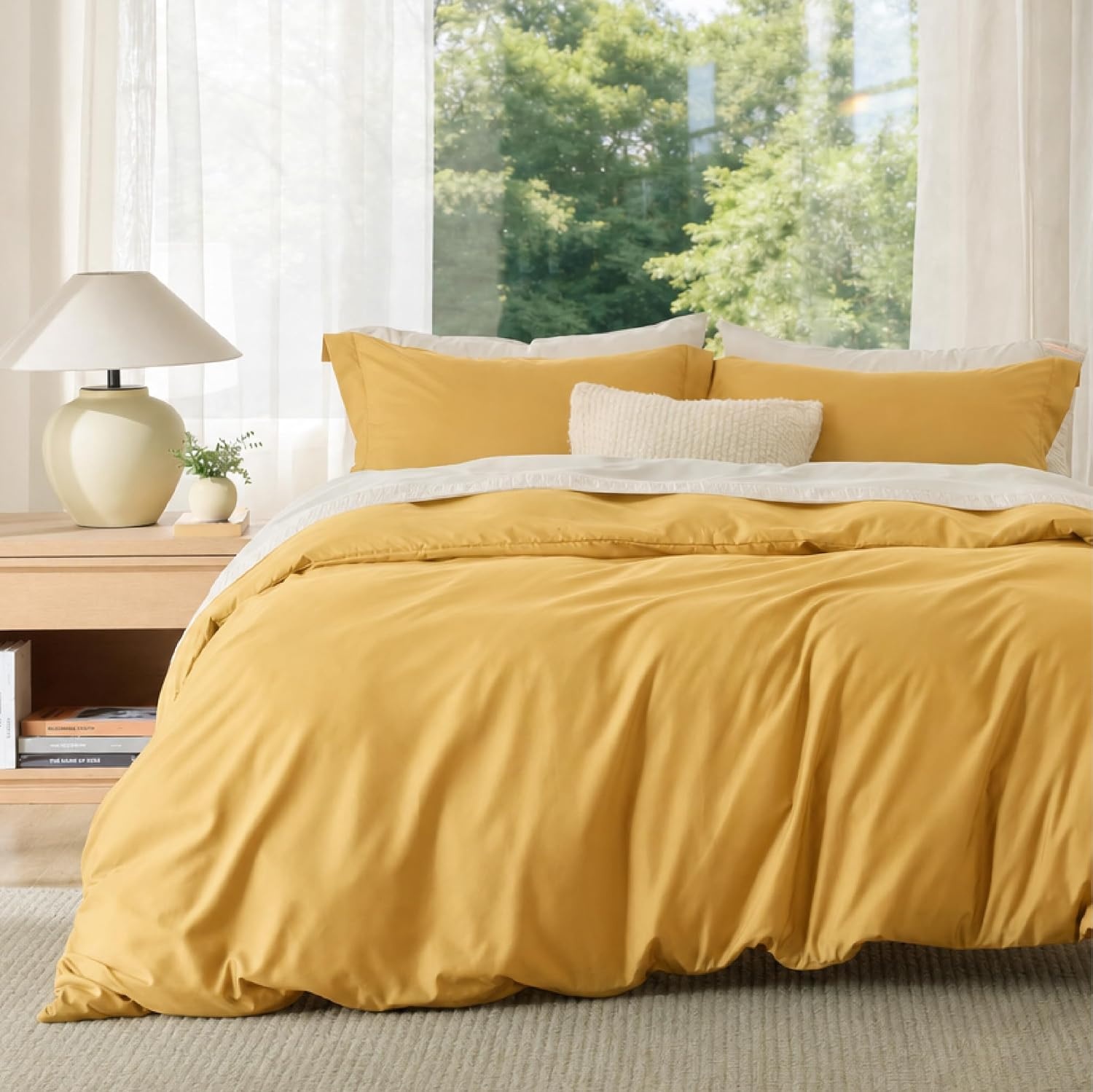 image:imageBedsure Duvet Cover TwinTwin XL Size Soft Double Brushed Bedding Set for Kids amp Adults Zipper Closure 2 Pieces Includes 1 Duvet Cover 68x90 amp 1 Pillow Sham NO Comforter White09 Golden Yellow