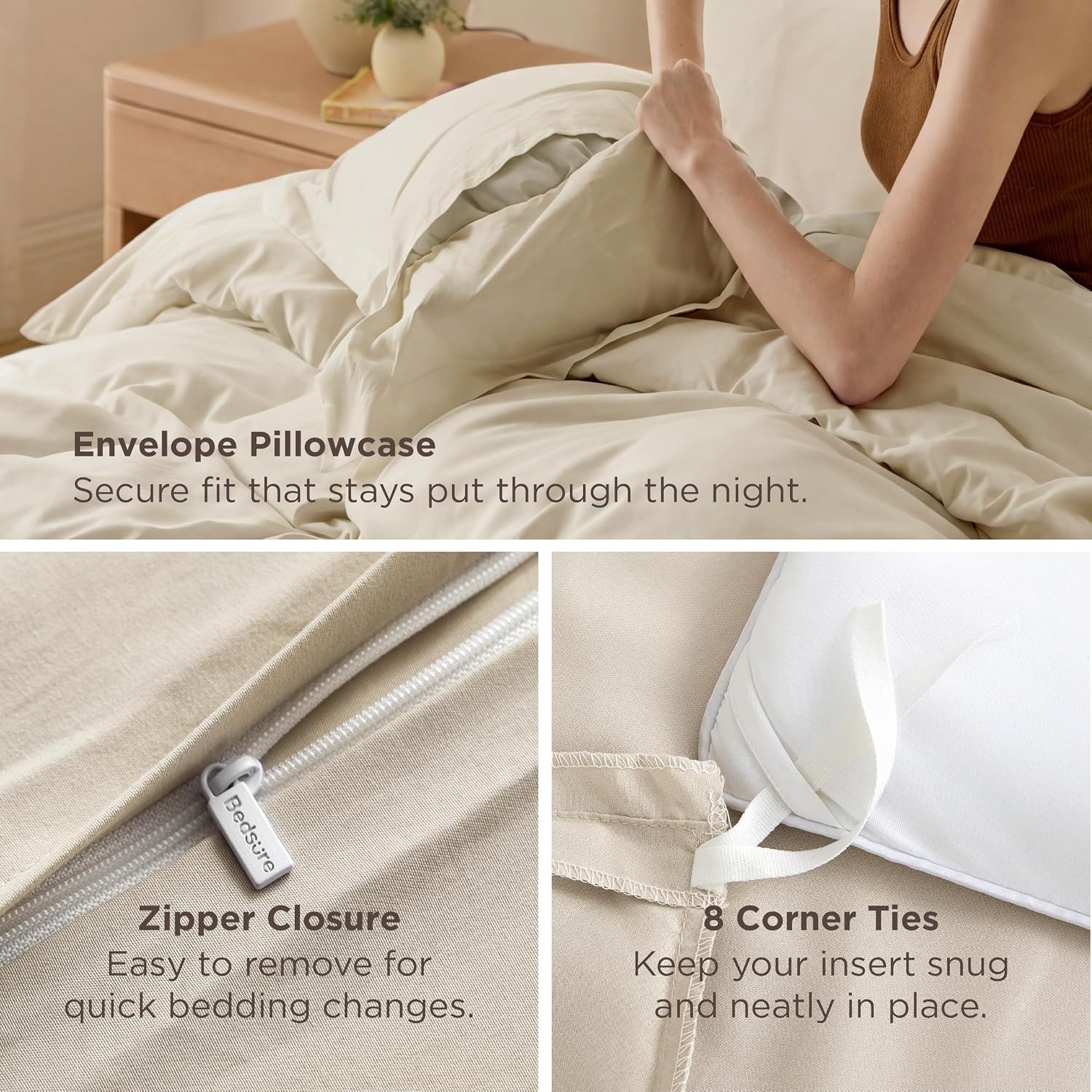 image:imageBedsure Duvet Cover TwinTwin XL Size Soft Double Brushed Bedding Set for Kids amp Adults Zipper Closure 2 Pieces Includes 1 Duvet Cover 68x90 amp 1 Pillow Sham NO Comforter White00 Beige