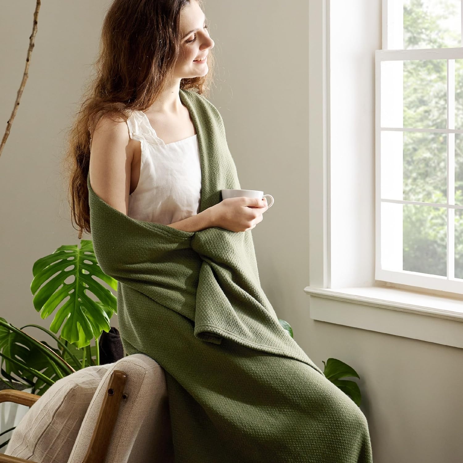 image:imageBedsure GentleSoft 100 Cotton Blanket Twin XL Size for Bed Cooling Breathable and Lightweight Soft Cozy Textured Herringbone Woven Summer Blanket for College Dorm Linen Beige 66x90 inches03 Olive Green