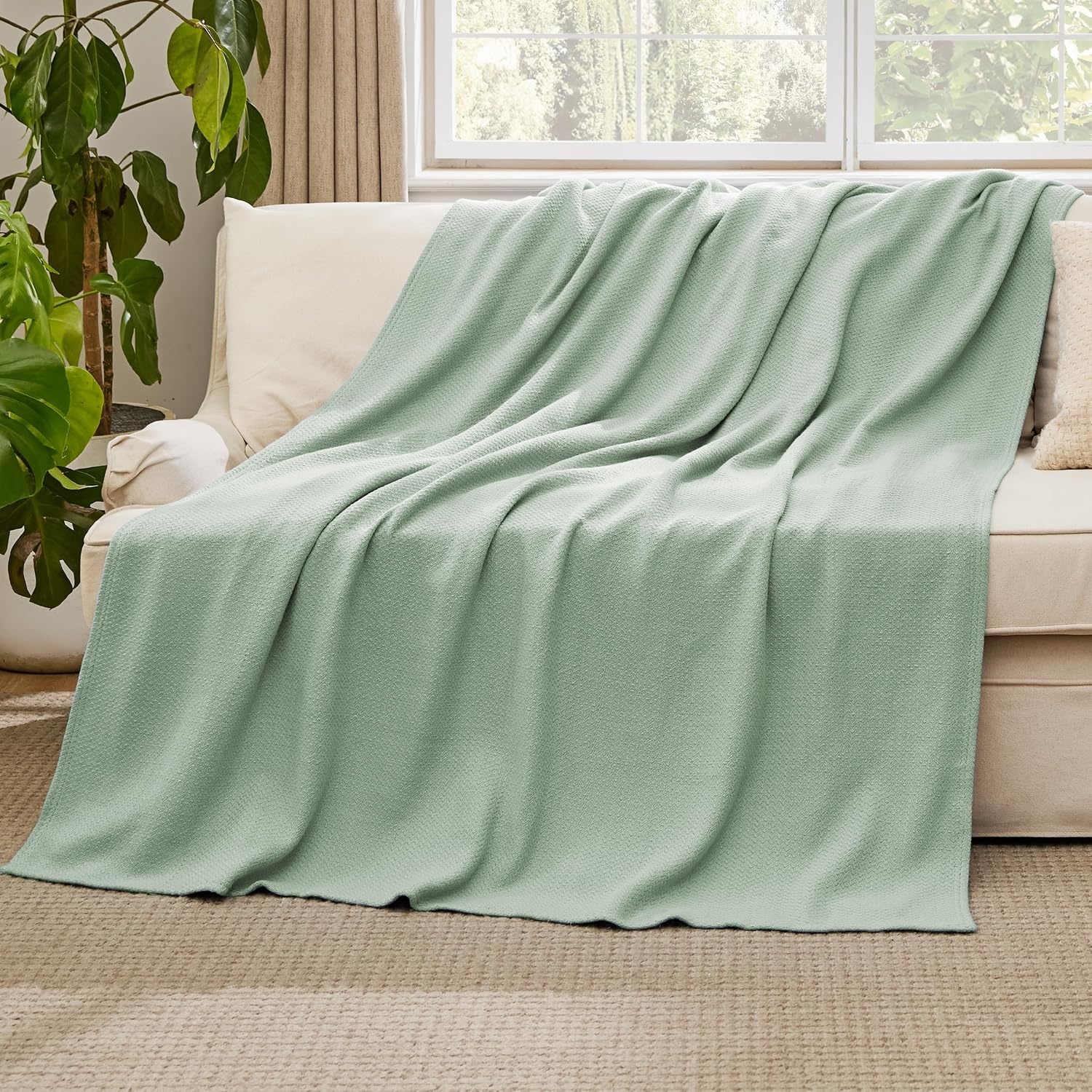 image:imageBedsure GentleSoft 100 Cotton Blanket Twin XL Size for Bed Cooling Breathable and Lightweight Soft Cozy Textured Herringbone Woven Summer Blanket for College Dorm Linen Beige 66x90 inches03 Sage Green