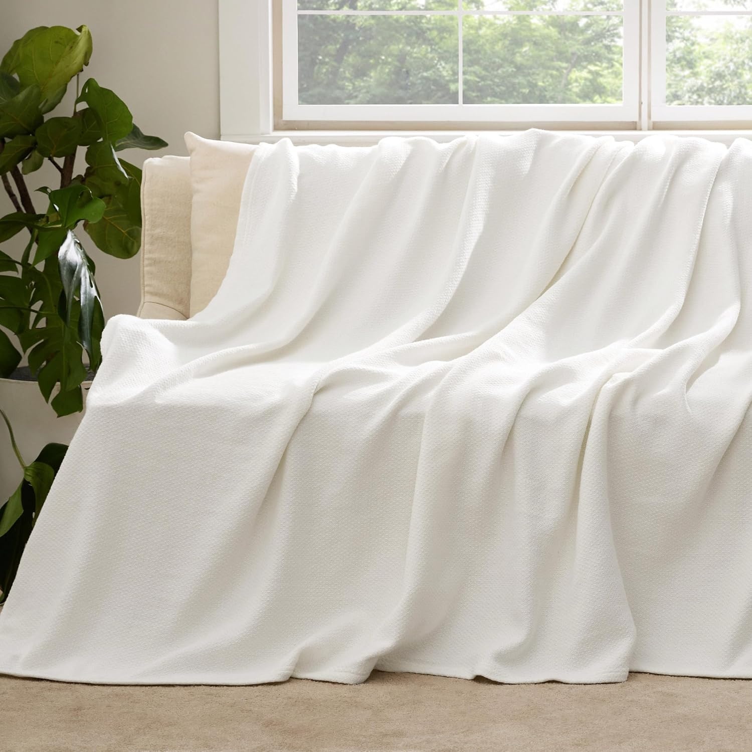 image:imageBedsure GentleSoft 100 Cotton Blanket Twin XL Size for Bed Cooling Breathable and Lightweight Soft Cozy Textured Herringbone Woven Summer Blanket for College Dorm Linen Beige 66x90 inches02 White