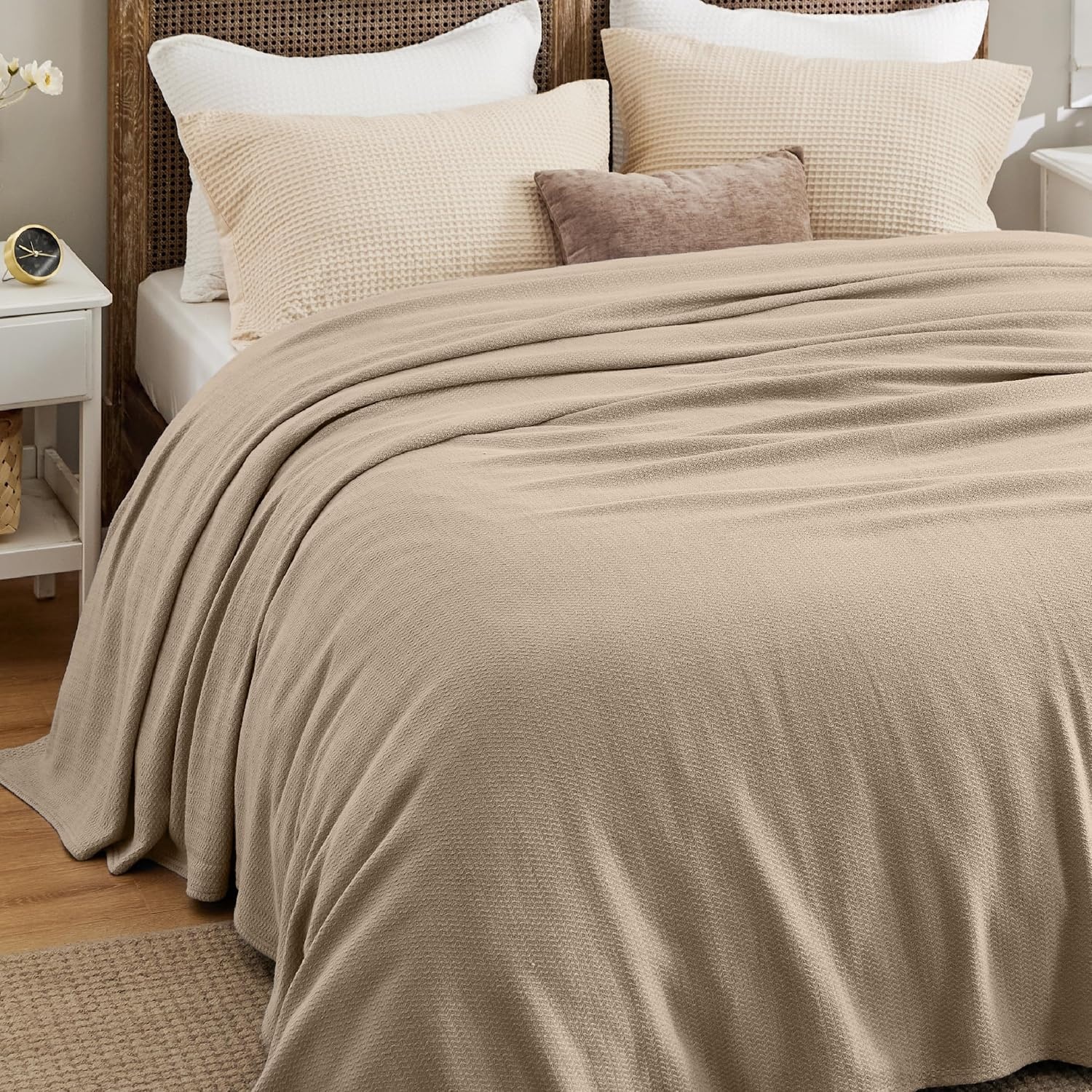 image:imageBedsure GentleSoft 100 Cotton Blanket Twin XL Size for Bed Cooling Breathable and Lightweight Soft Cozy Textured Herringbone Woven Summer Blanket for College Dorm Linen Beige 66x90 inches01 Khaki
