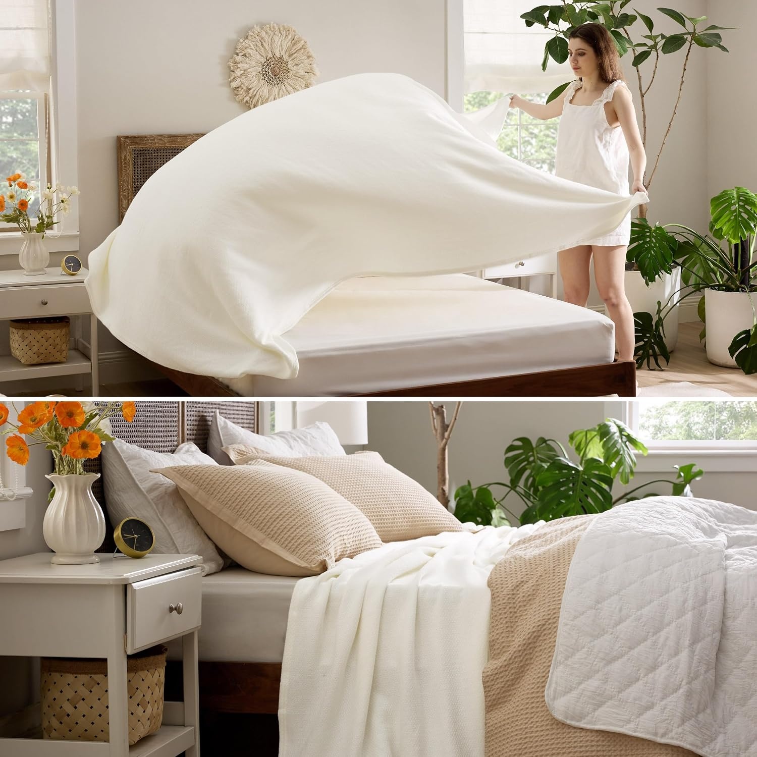 image:imageBedsure GentleSoft 100 Cotton Blanket Twin XL Size for Bed Cooling Breathable and Lightweight Soft Cozy Textured Herringbone Woven Summer Blanket for College Dorm Linen Beige 66x90 inches02 Cream