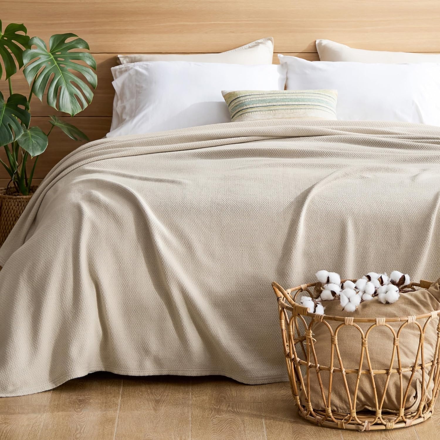 image:imageBedsure GentleSoft 100 Cotton Blanket Twin XL Size for Bed Cooling Breathable and Lightweight Soft Cozy Textured Herringbone Woven Summer Blanket for College Dorm Linen Beige 66x90 inches01 Linen Beige
