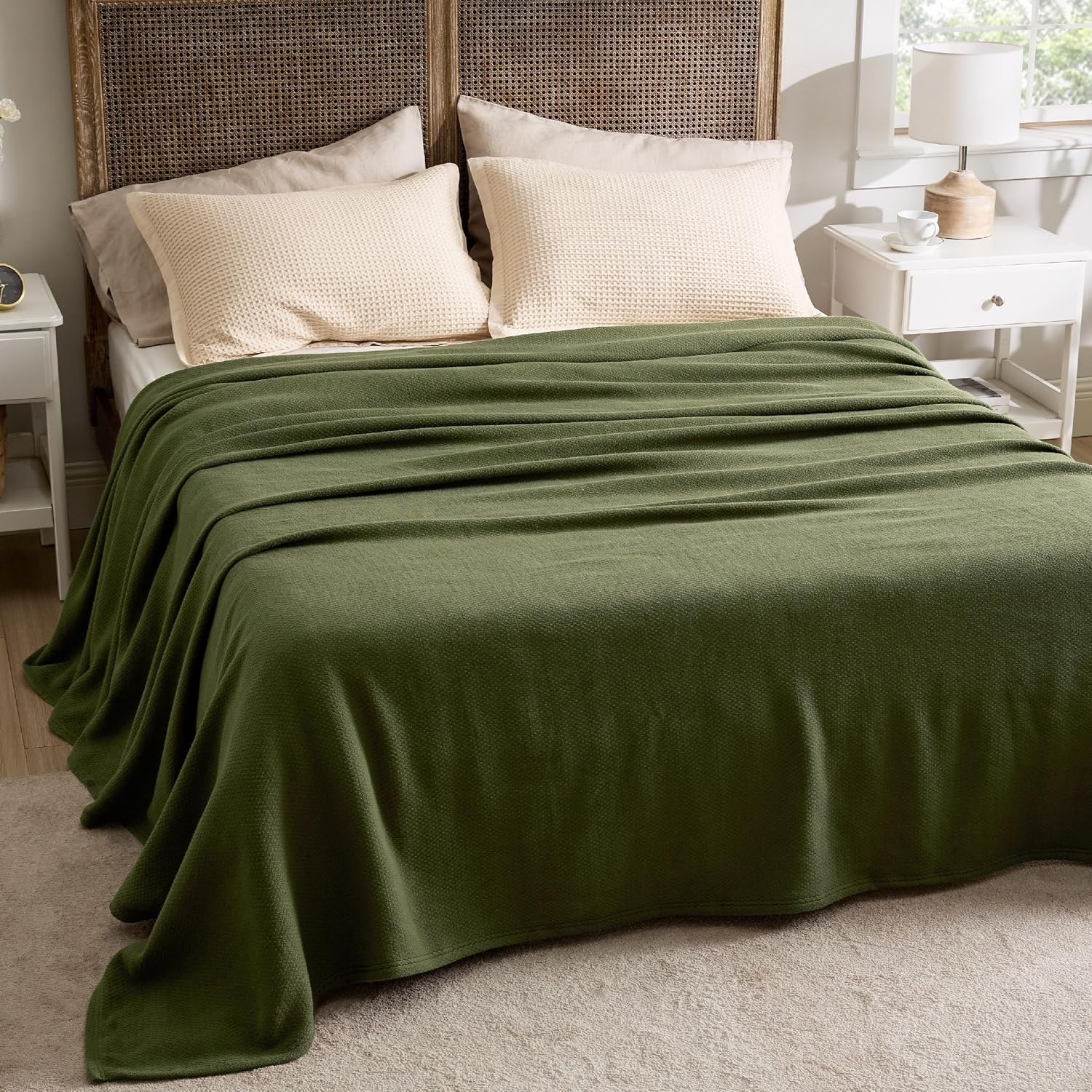 image:imageBedsure GentleSoft 100 Cotton Blanket Twin XL Size for Bed Cooling Breathable and Lightweight Soft Cozy Textured Herringbone Woven Summer Blanket for College Dorm Linen Beige 66x90 inches03 Olive Green