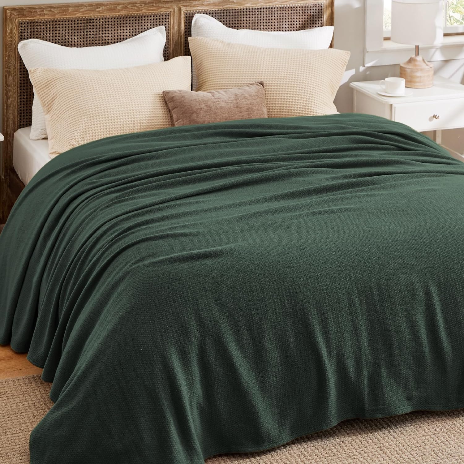 image:imageBedsure GentleSoft 100 Cotton Blanket Twin XL Size for Bed Cooling Breathable and Lightweight Soft Cozy Textured Herringbone Woven Summer Blanket for College Dorm Linen Beige 66x90 inches03 Dark Green