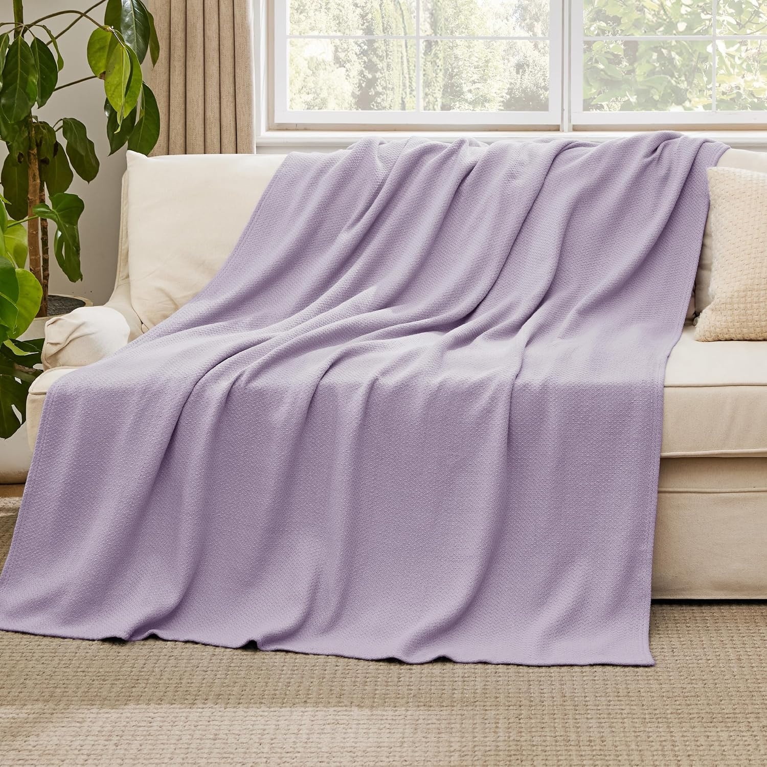 image:imageBedsure GentleSoft 100 Cotton Blanket Twin XL Size for Bed Cooling Breathable and Lightweight Soft Cozy Textured Herringbone Woven Summer Blanket for College Dorm Linen Beige 66x90 inches06 Light Purple