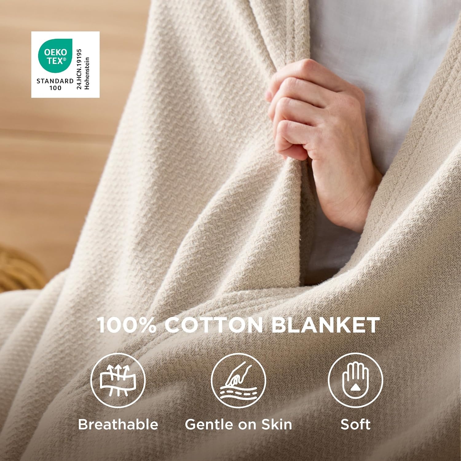 image:imageBedsure GentleSoft 100 Cotton Blanket Twin XL Size for Bed Cooling Breathable and Lightweight Soft Cozy Textured Herringbone Woven Summer Blanket for College Dorm Linen Beige 66x90 inches01 Linen Beige
