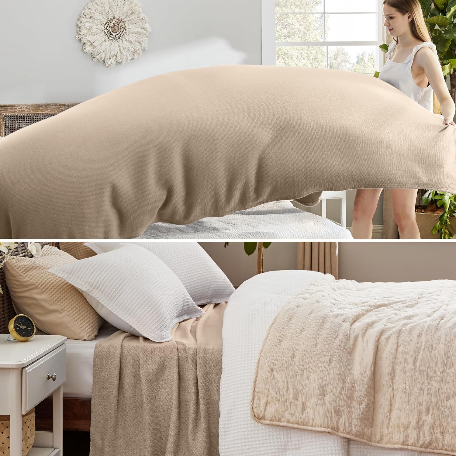 image:imageBedsure GentleSoft 100 Cotton Blanket Twin XL Size for Bed Cooling Breathable and Lightweight Soft Cozy Textured Herringbone Woven Summer Blanket for College Dorm Linen Beige 66x90 inches01 Khaki