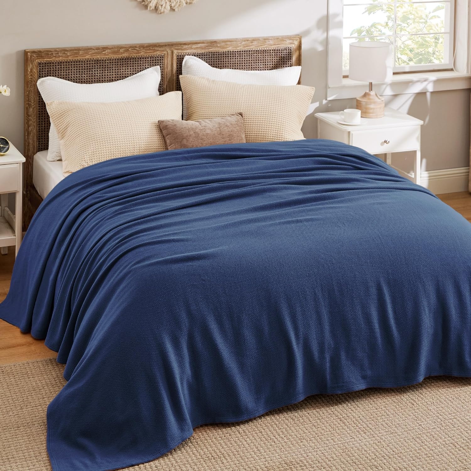 image:imageBedsure GentleSoft 100 Cotton Blanket Twin XL Size for Bed Cooling Breathable and Lightweight Soft Cozy Textured Herringbone Woven Summer Blanket for College Dorm Linen Beige 66x90 inches07 Navy Blue