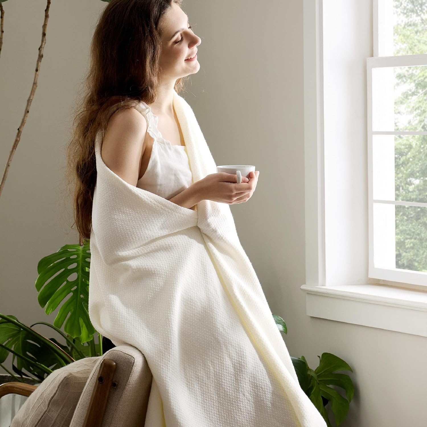 image:imageBedsure GentleSoft 100 Cotton Blanket Twin XL Size for Bed Cooling Breathable and Lightweight Soft Cozy Textured Herringbone Woven Summer Blanket for College Dorm Linen Beige 66x90 inches02 Cream