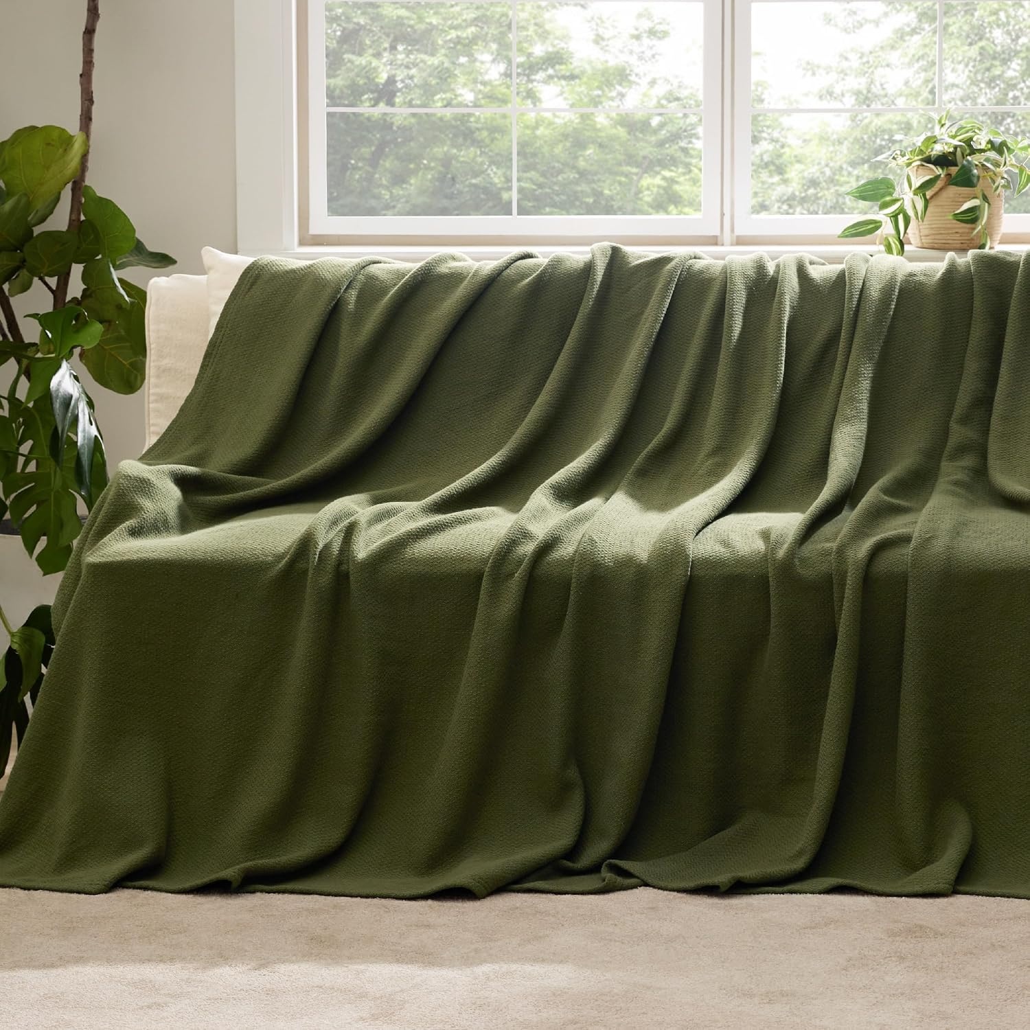 image:imageBedsure GentleSoft 100 Cotton Blanket Twin XL Size for Bed Cooling Breathable and Lightweight Soft Cozy Textured Herringbone Woven Summer Blanket for College Dorm Linen Beige 66x90 inches03 Olive Green