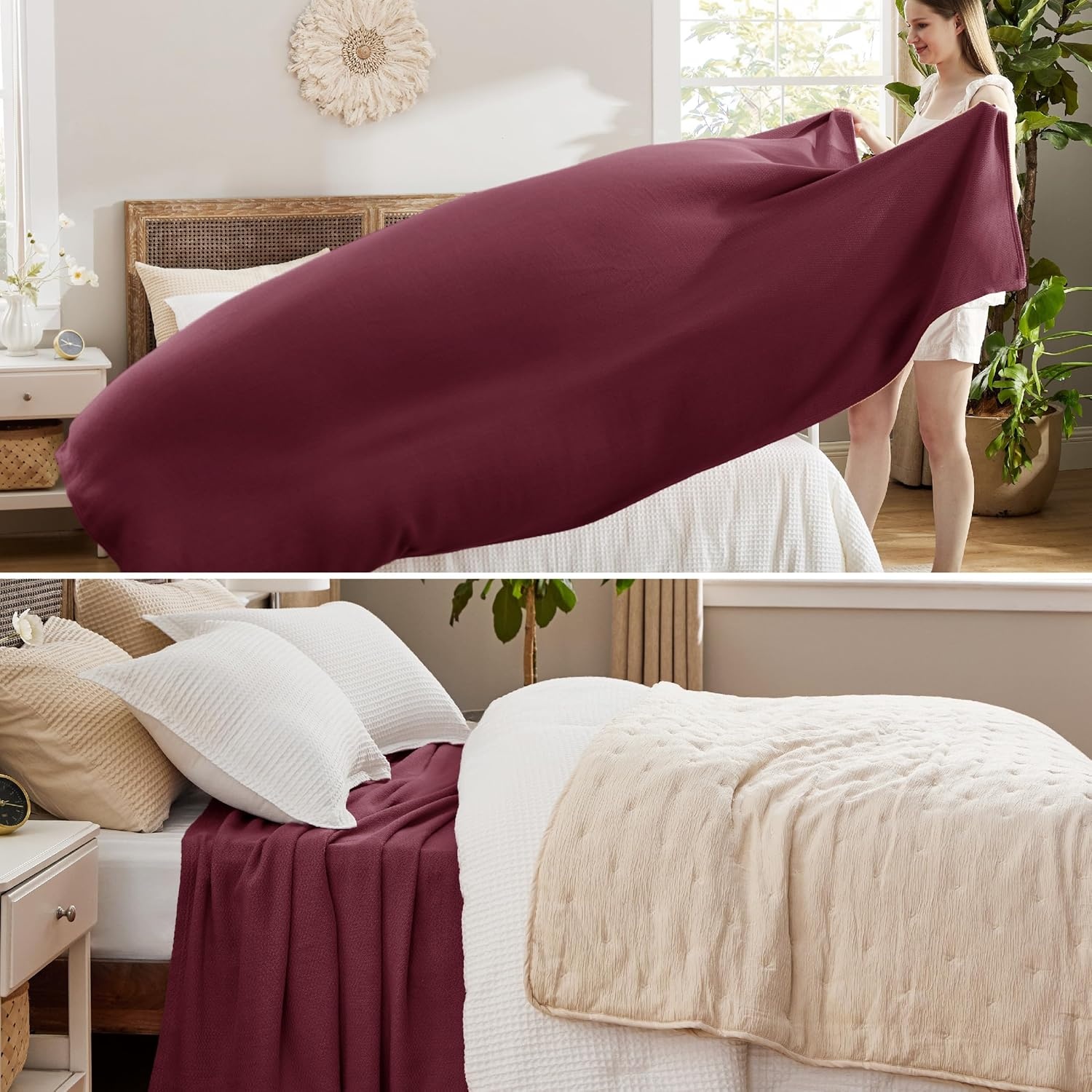 image:imageBedsure GentleSoft 100 Cotton Blanket Twin XL Size for Bed Cooling Breathable and Lightweight Soft Cozy Textured Herringbone Woven Summer Blanket for College Dorm Linen Beige 66x90 inches11 Red