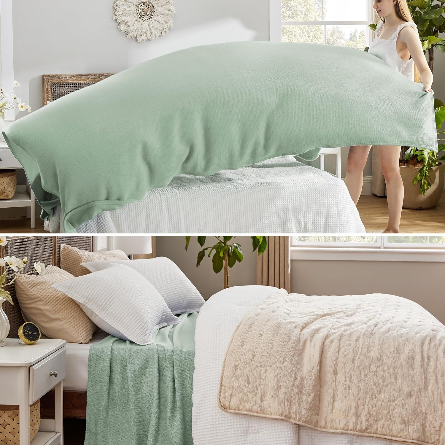 image:imageBedsure GentleSoft 100 Cotton Blanket Twin XL Size for Bed Cooling Breathable and Lightweight Soft Cozy Textured Herringbone Woven Summer Blanket for College Dorm Linen Beige 66x90 inches03 Sage Green