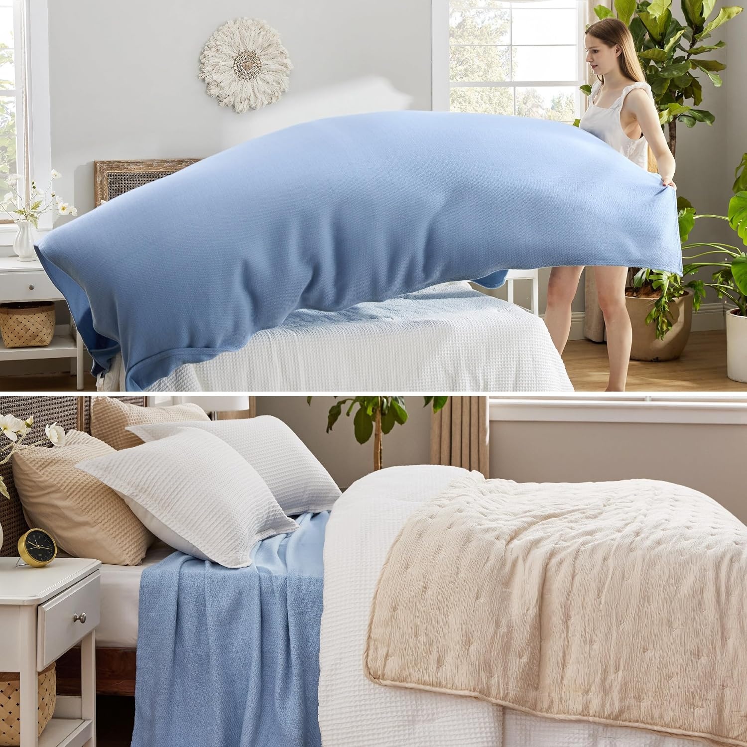 image:imageBedsure GentleSoft 100 Cotton Blanket Twin XL Size for Bed Cooling Breathable and Lightweight Soft Cozy Textured Herringbone Woven Summer Blanket for College Dorm Linen Beige 66x90 inches07 Ashley Blue