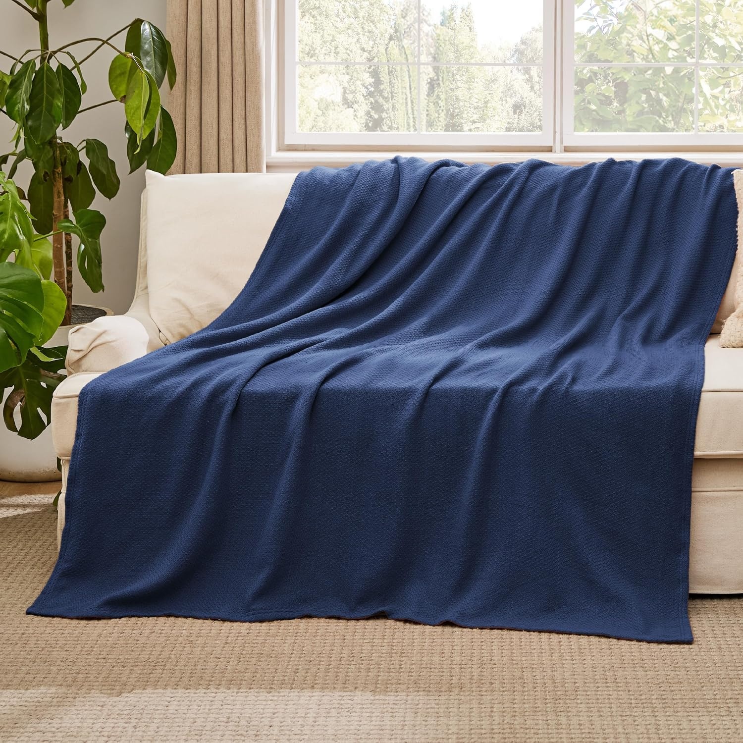 image:imageBedsure GentleSoft 100 Cotton Blanket Twin XL Size for Bed Cooling Breathable and Lightweight Soft Cozy Textured Herringbone Woven Summer Blanket for College Dorm Linen Beige 66x90 inches07 Navy Blue
