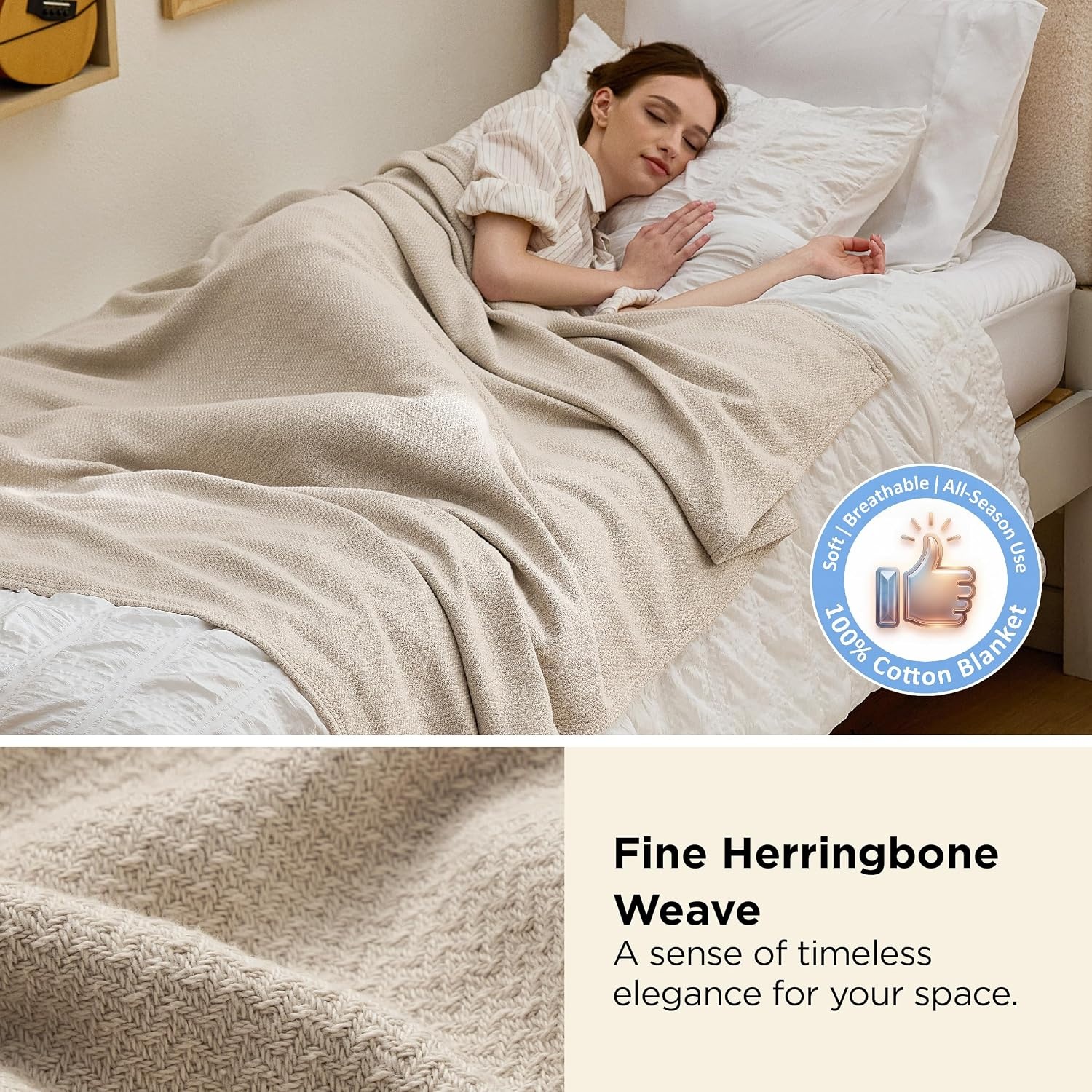 image:imageBedsure GentleSoft 100 Cotton Blanket Twin XL Size for Bed Cooling Breathable and Lightweight Soft Cozy Textured Herringbone Woven Summer Blanket for College Dorm Linen Beige 66x90 inches01 Linen Beige