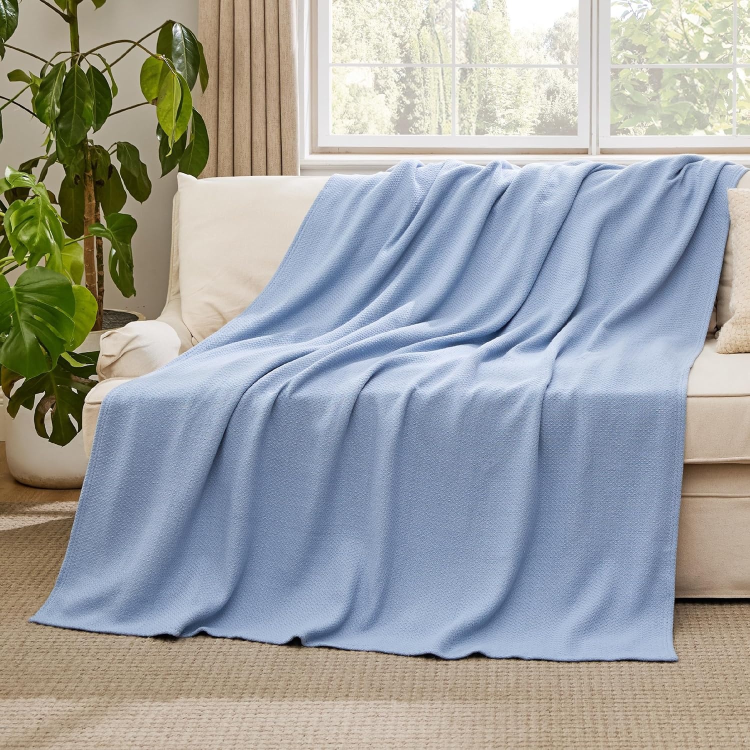 image:imageBedsure GentleSoft 100 Cotton Blanket Twin XL Size for Bed Cooling Breathable and Lightweight Soft Cozy Textured Herringbone Woven Summer Blanket for College Dorm Linen Beige 66x90 inches07 Ashley Blue